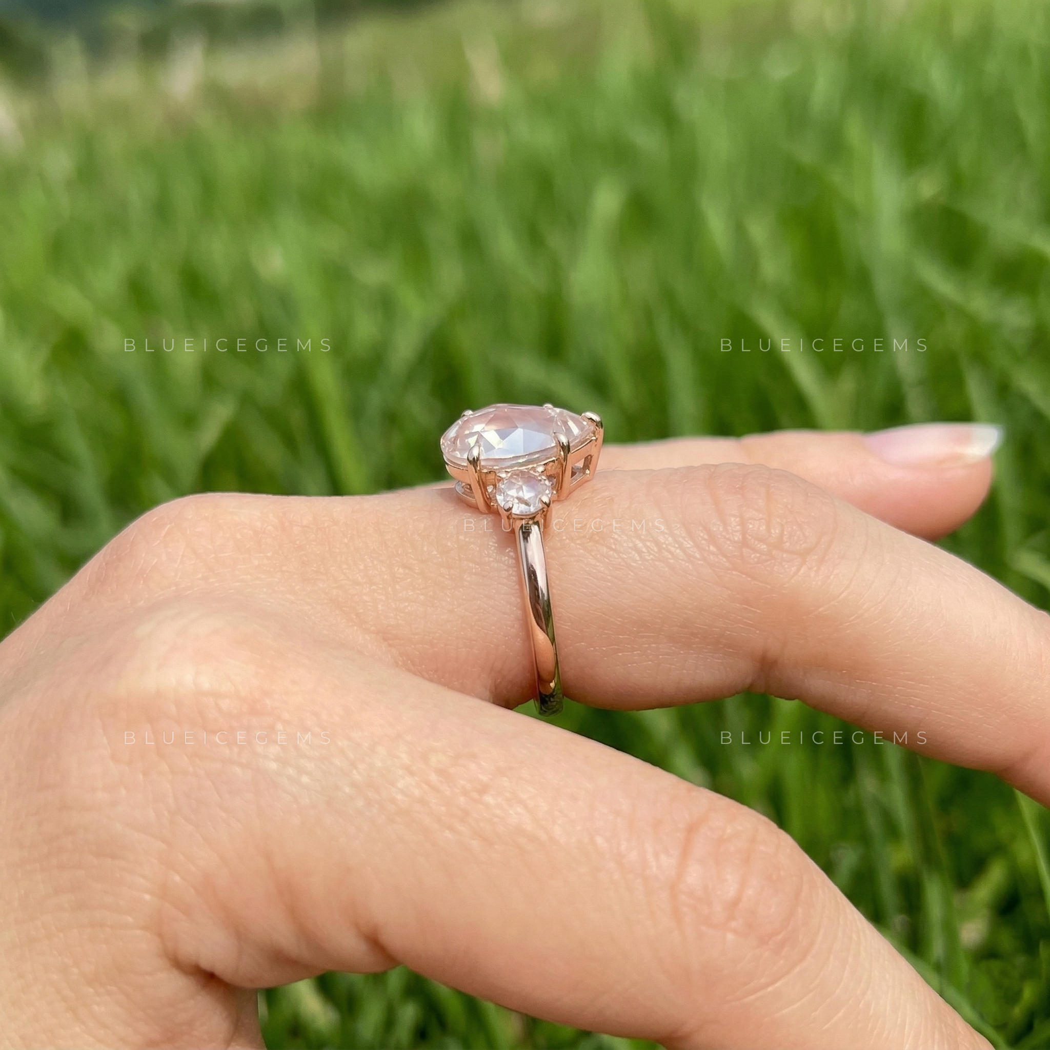 Vintage Inspired Pear Rose Cut Three Stone Open Gallery Ring