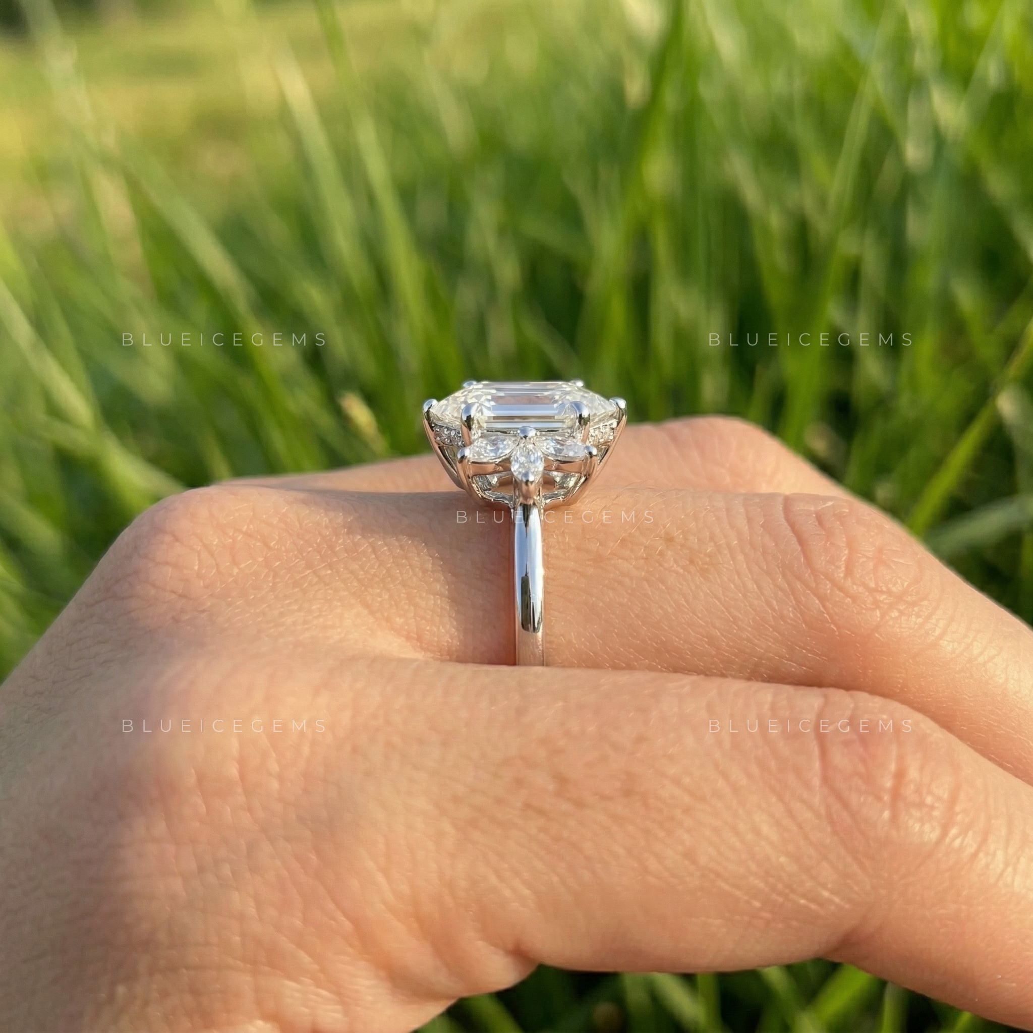 Architectural Radiance Hexagon Step Cut Floral Engagement Ring