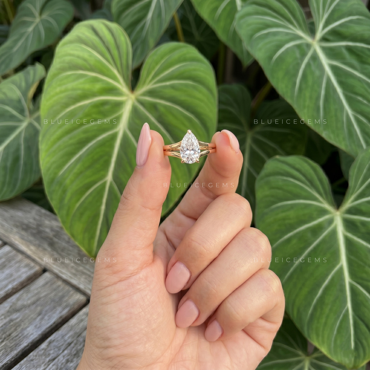 Pear Cut Split Band Hidden Halo Solitaire Engagement Ring