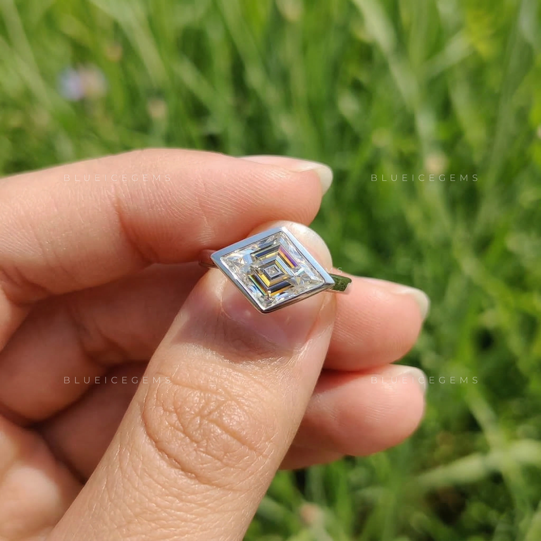 Minimalist Lozenge Cut East-West Bezel Ring