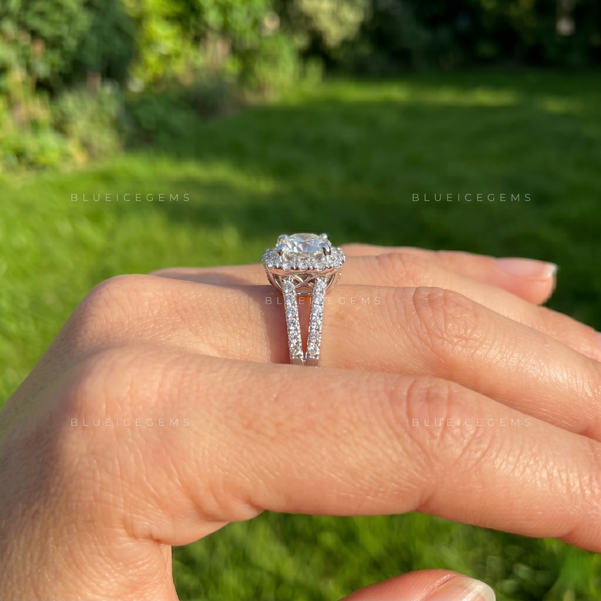 Majestic Brilliance Round Cut Halo Split Shank Statement Engagement Ring