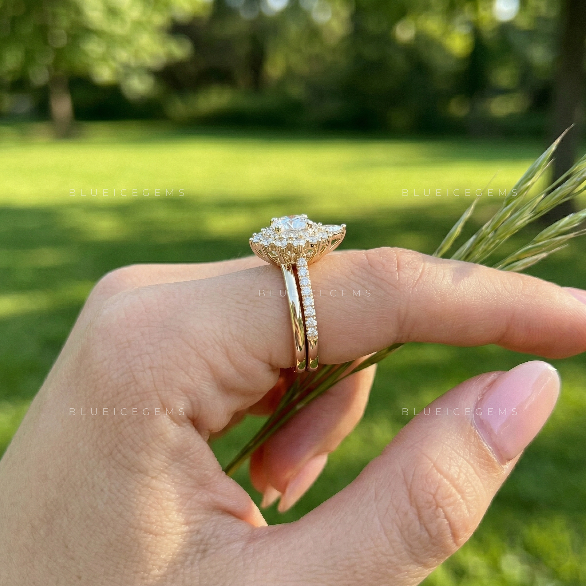 Celestial Radiance Round Brilliant Bridal Set with Contoured Floral Band