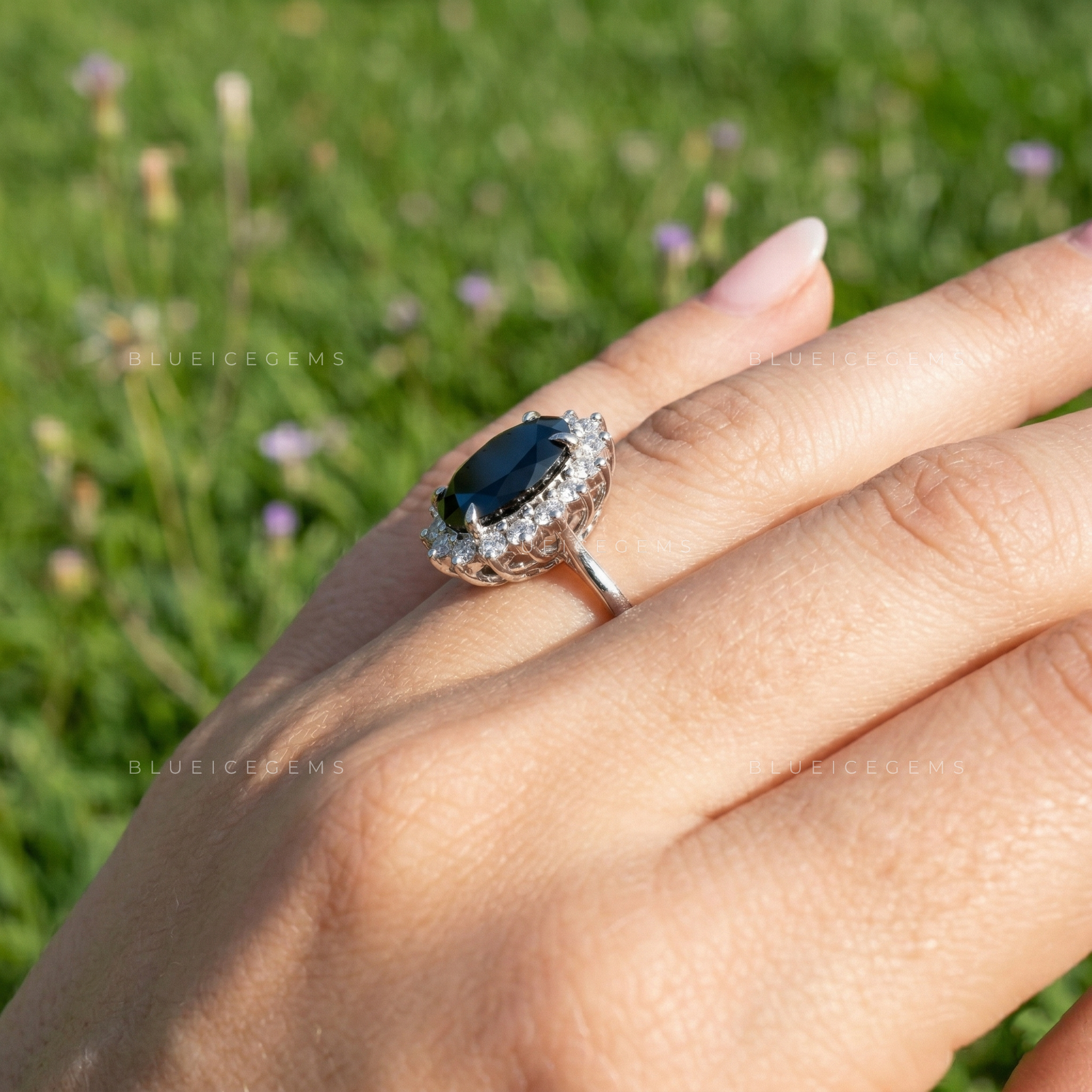 Midnight Noir Oval Cut Black Moissanite Hidden Halo Ring