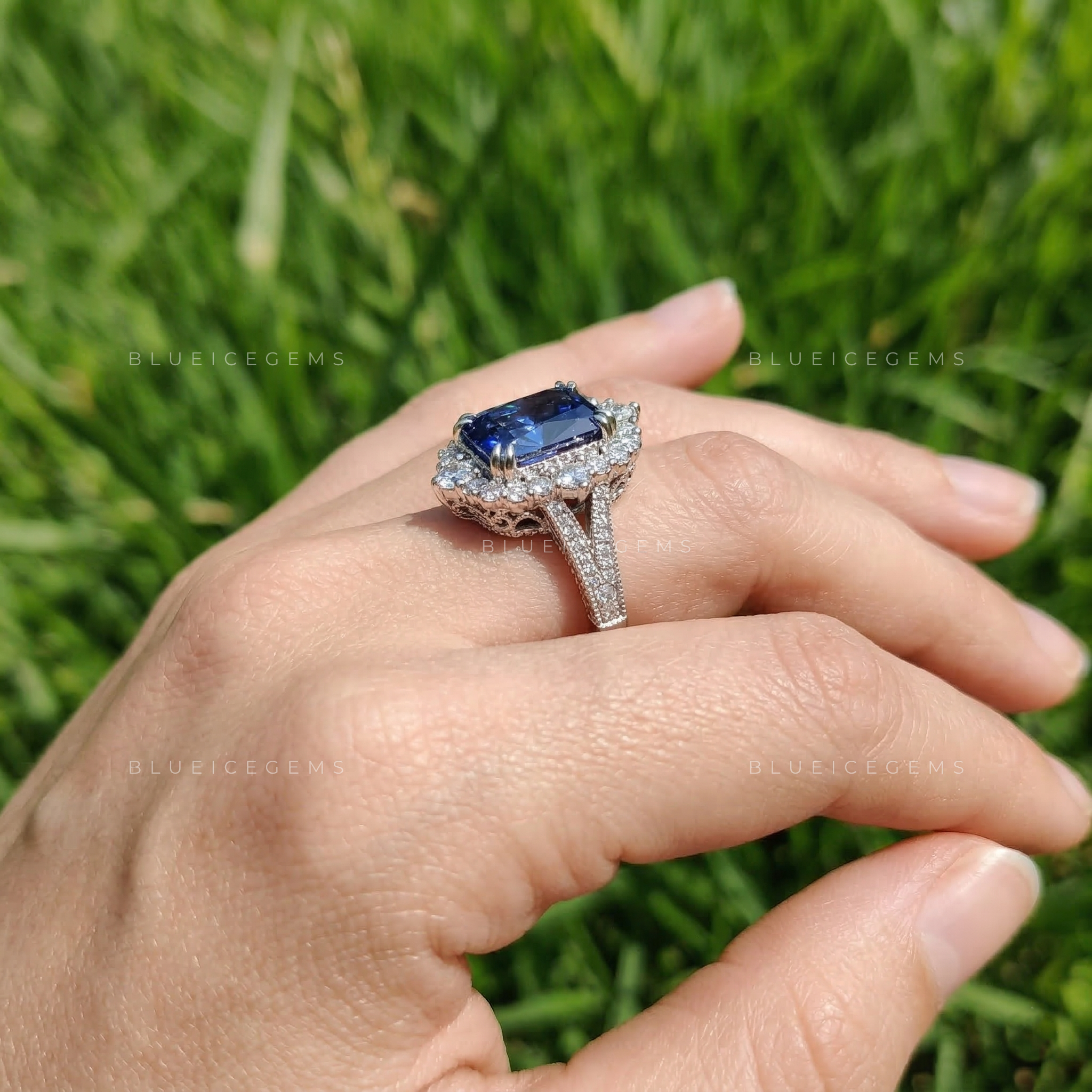 Deep Sea Radiant Cut Blue Moissanite Pavé Ring