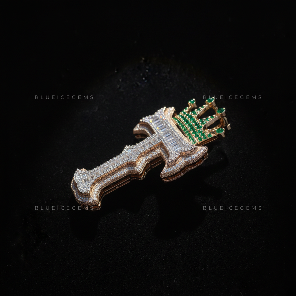 The "T" Royal Emerald: Baguette-Fusion Gothic Script & Emerald-Encrusted Crown