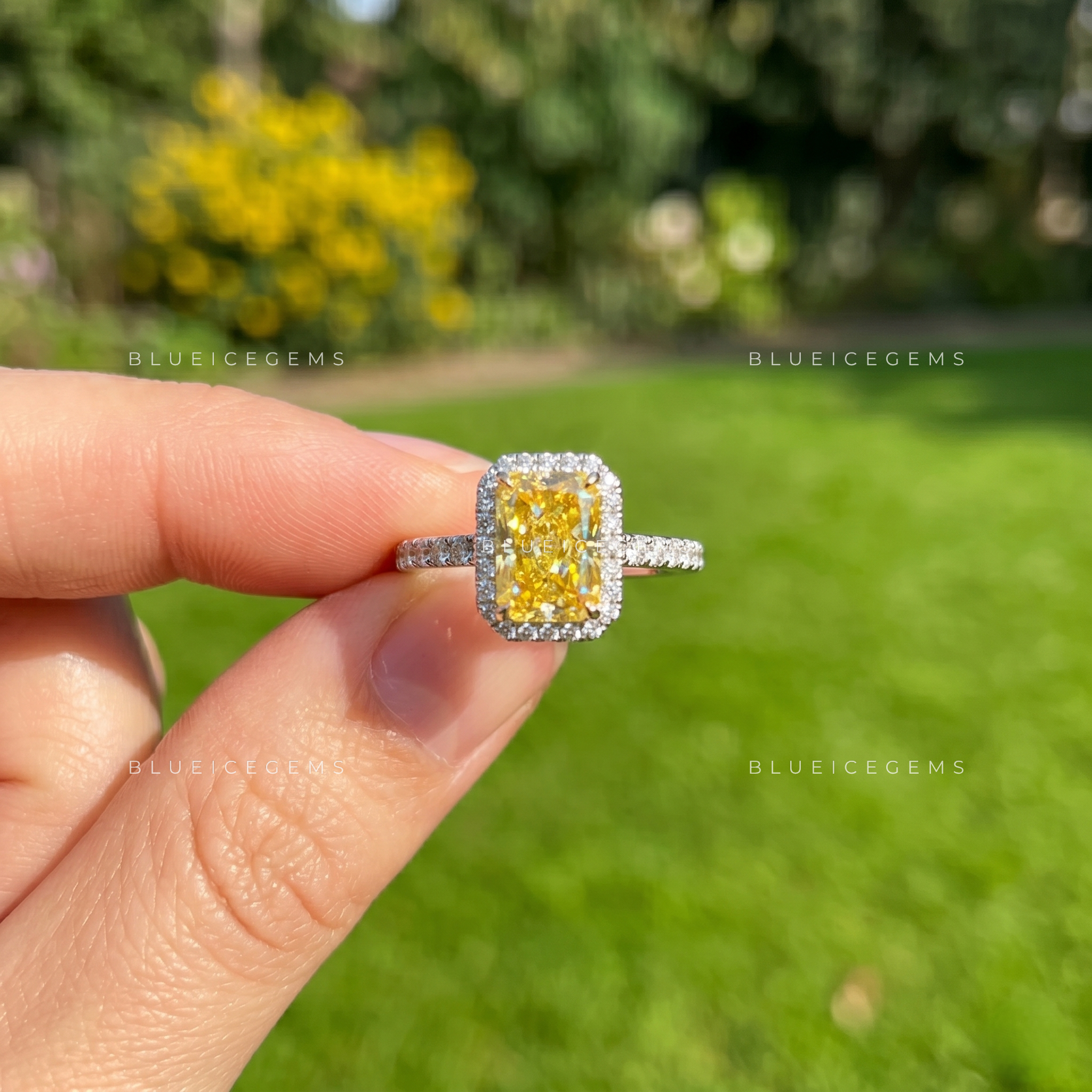 Golden Splendor Radiant Cut Halo Accent Engagement Ring