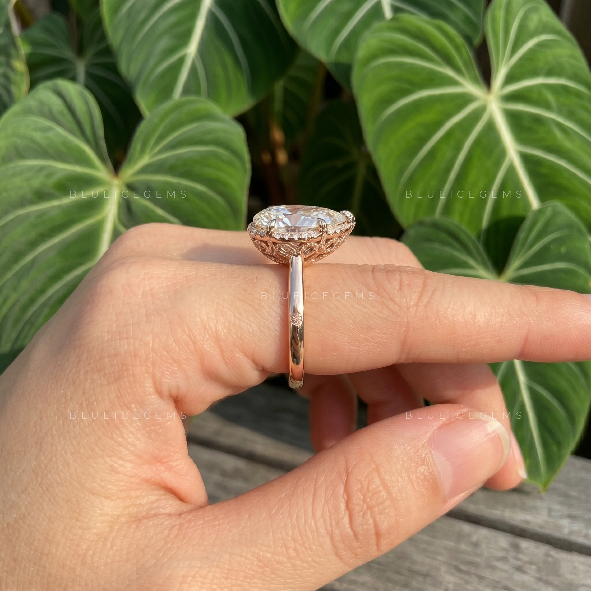 Nature Inspired Pear Cut Hidden Halo Leaf Prong Engagement Ring