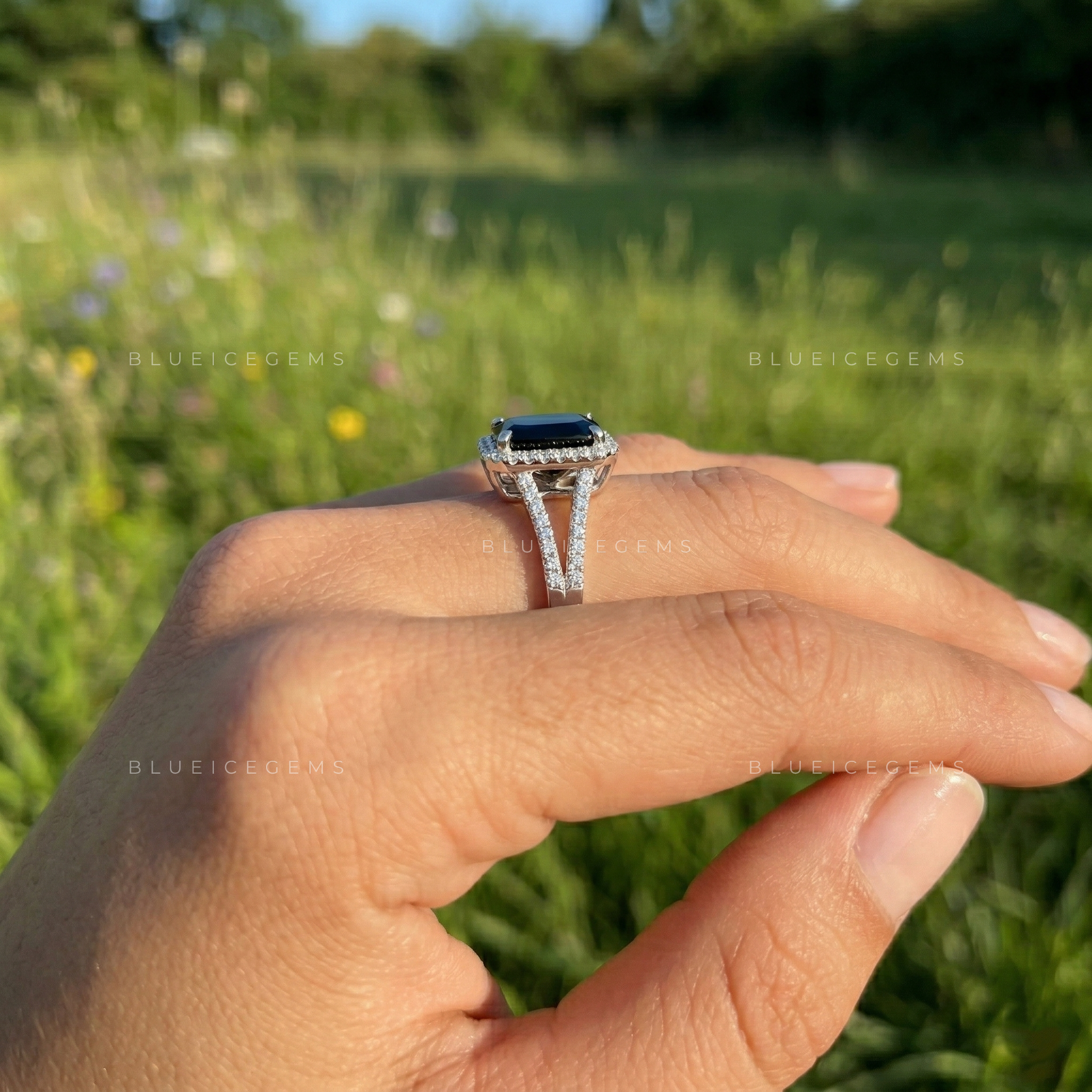 Architectural Noir Emerald Cut Black Diamond Pavé Engagement Ring