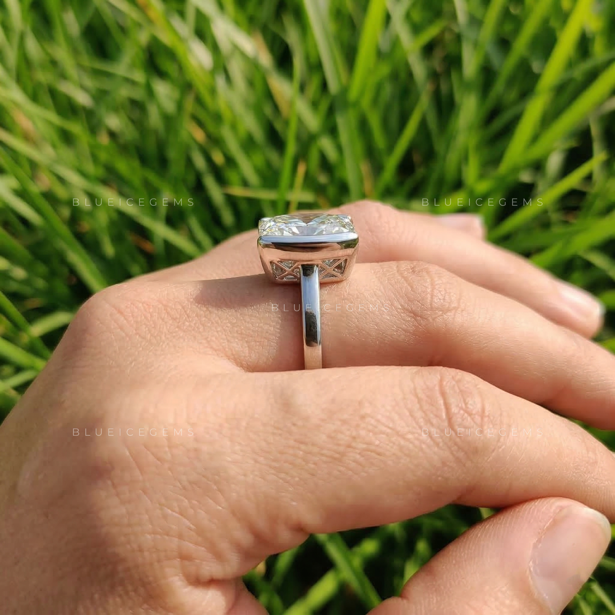 Divine Elongated Cushion Half Bezel Solitaire Statement Ring