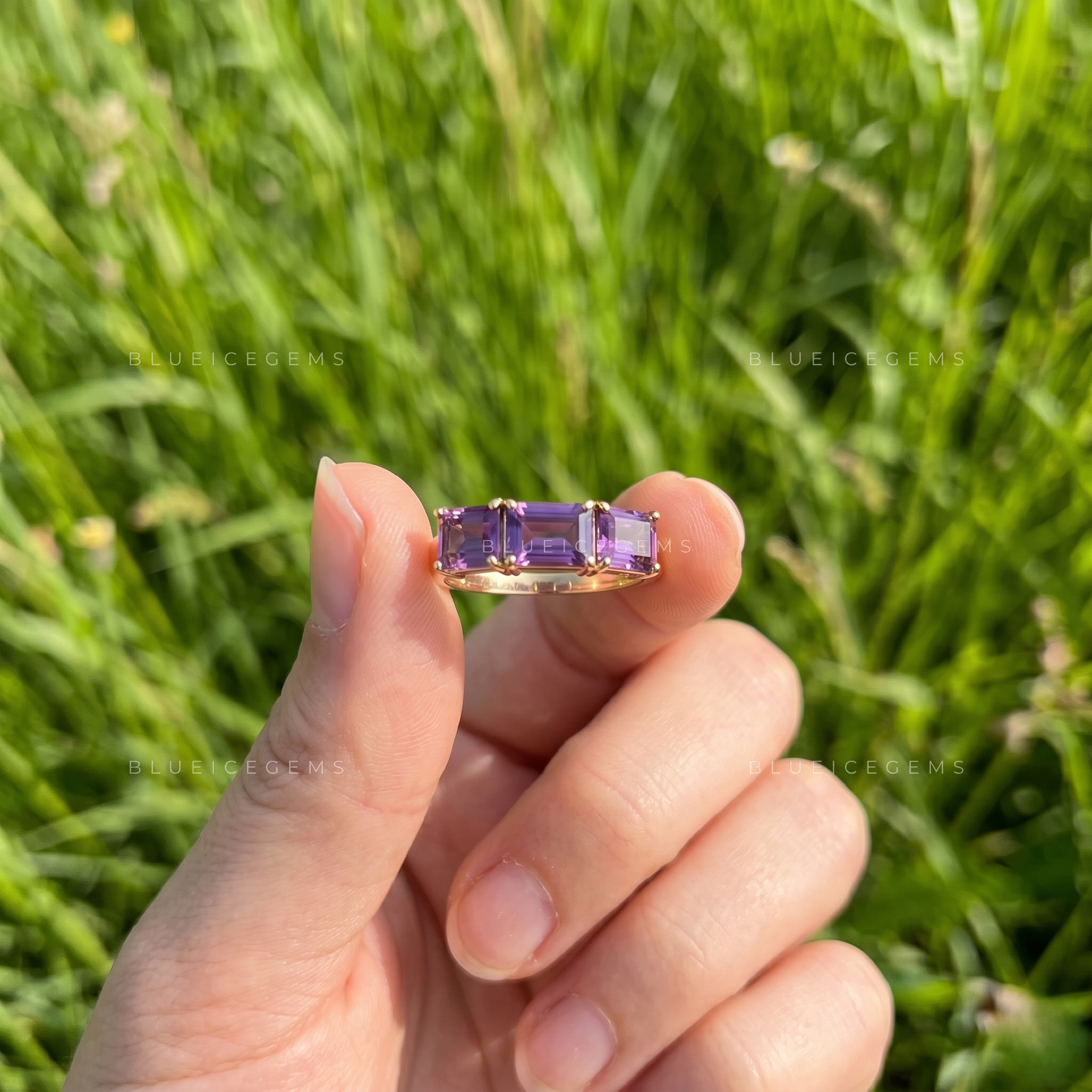 Vintage Mystique Emerald Cut Lavender Amethyst Three Stone Ring