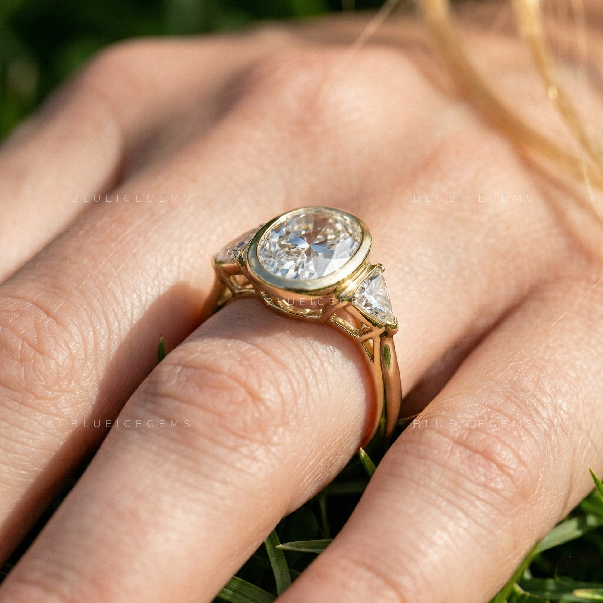 Modern Elegance Oval and Trillion Cut Trilogy Engagement Ring