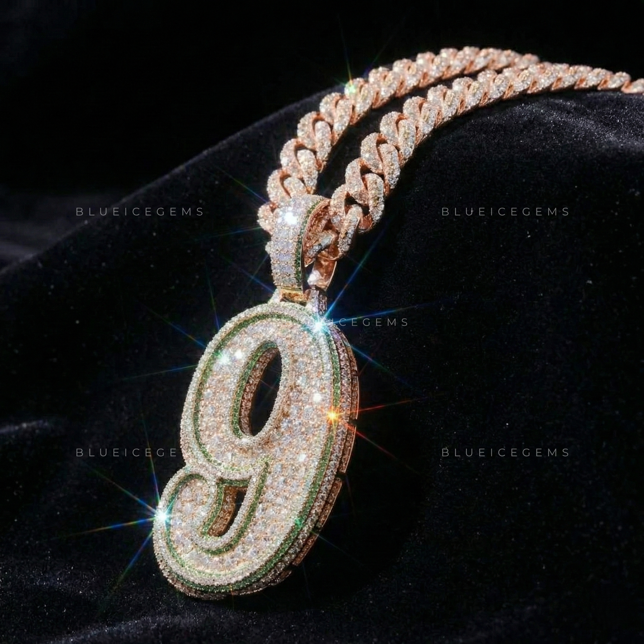 The "NUMBER 9" Emerald Contour: Two-Tone Curvature & Iced-Out Numerology Pendant