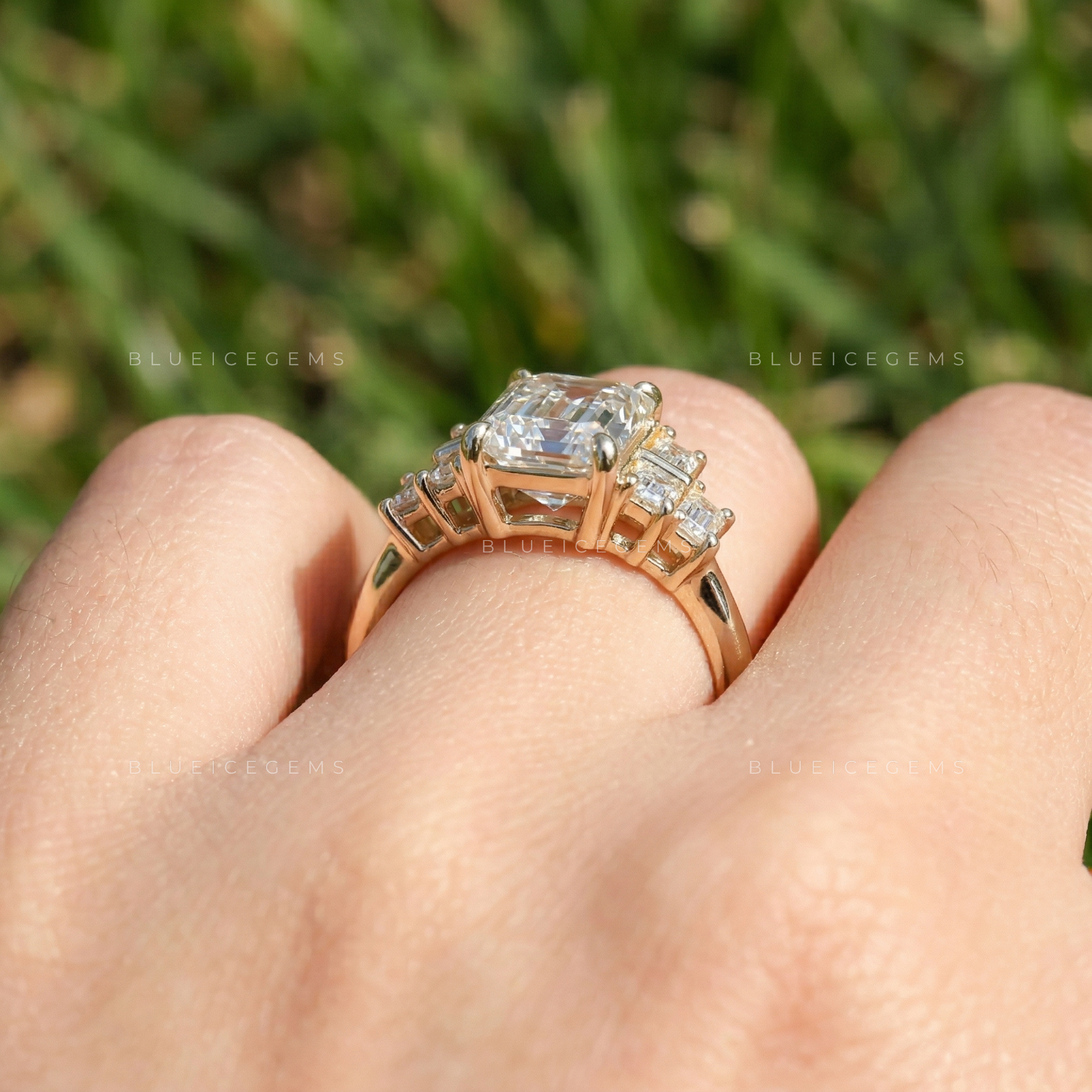 Elegant Emerald Cut Three Stone Side Baguette Engagement Ring