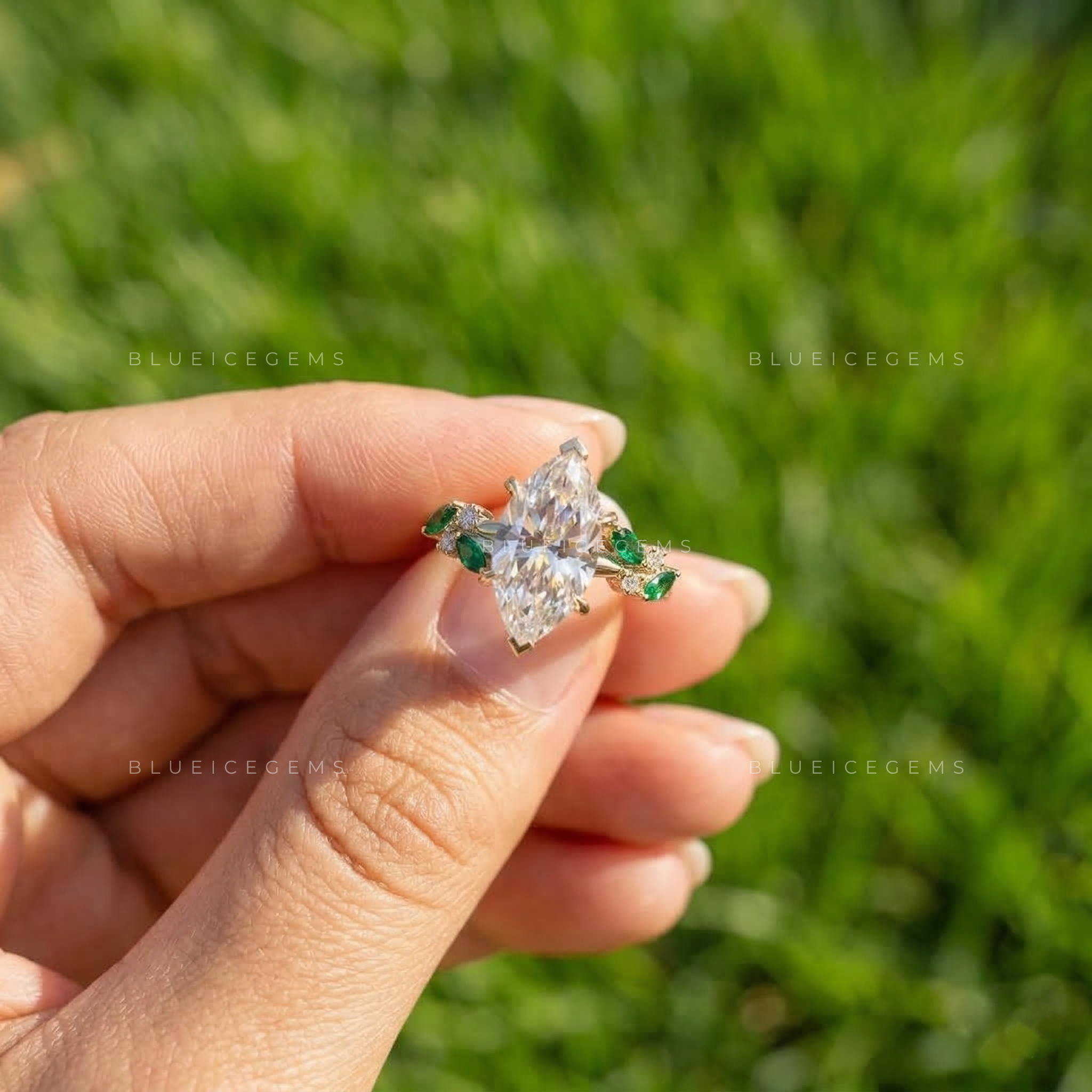 Botanical Harmony Marquise and Emerald Cluster Ring