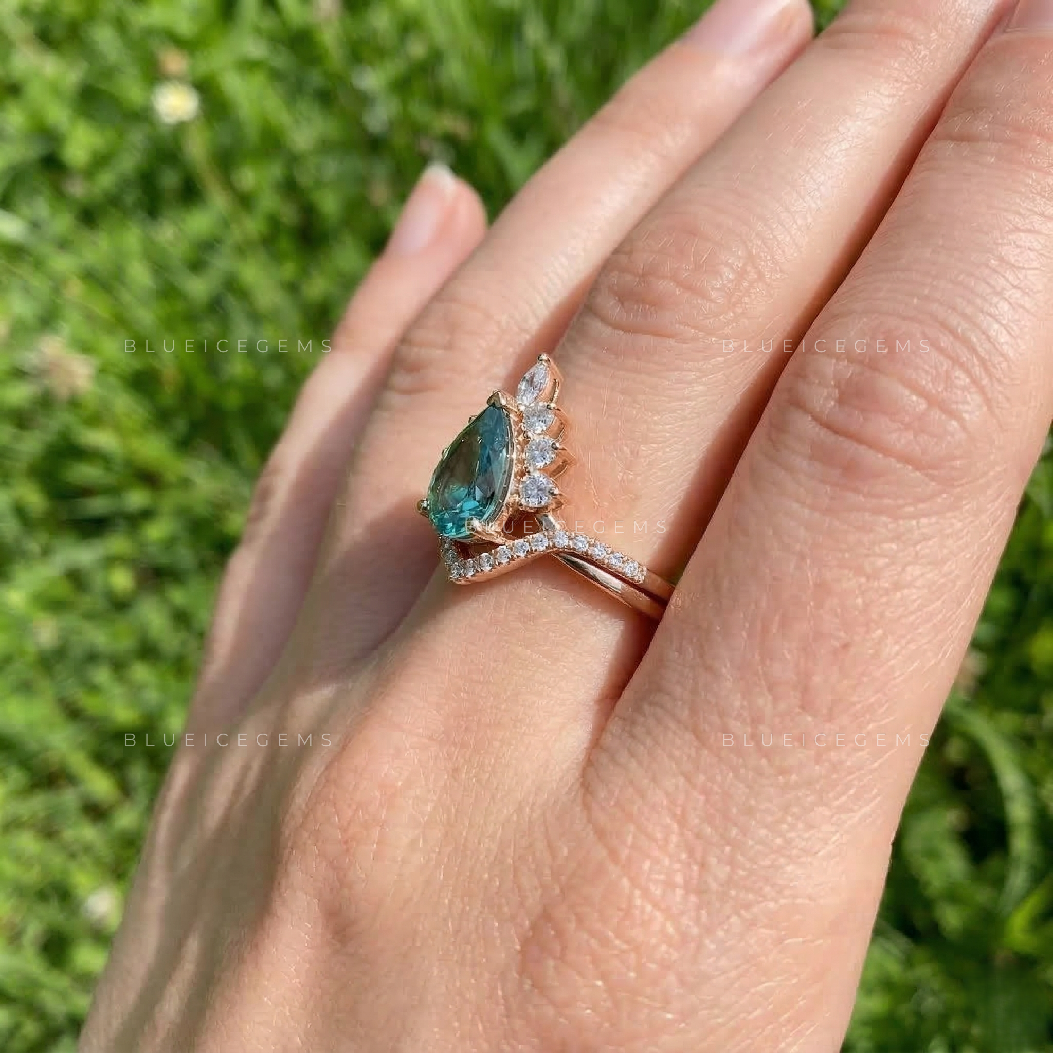 Azure Waters Pear Cut Cyan Blue Floral Ring