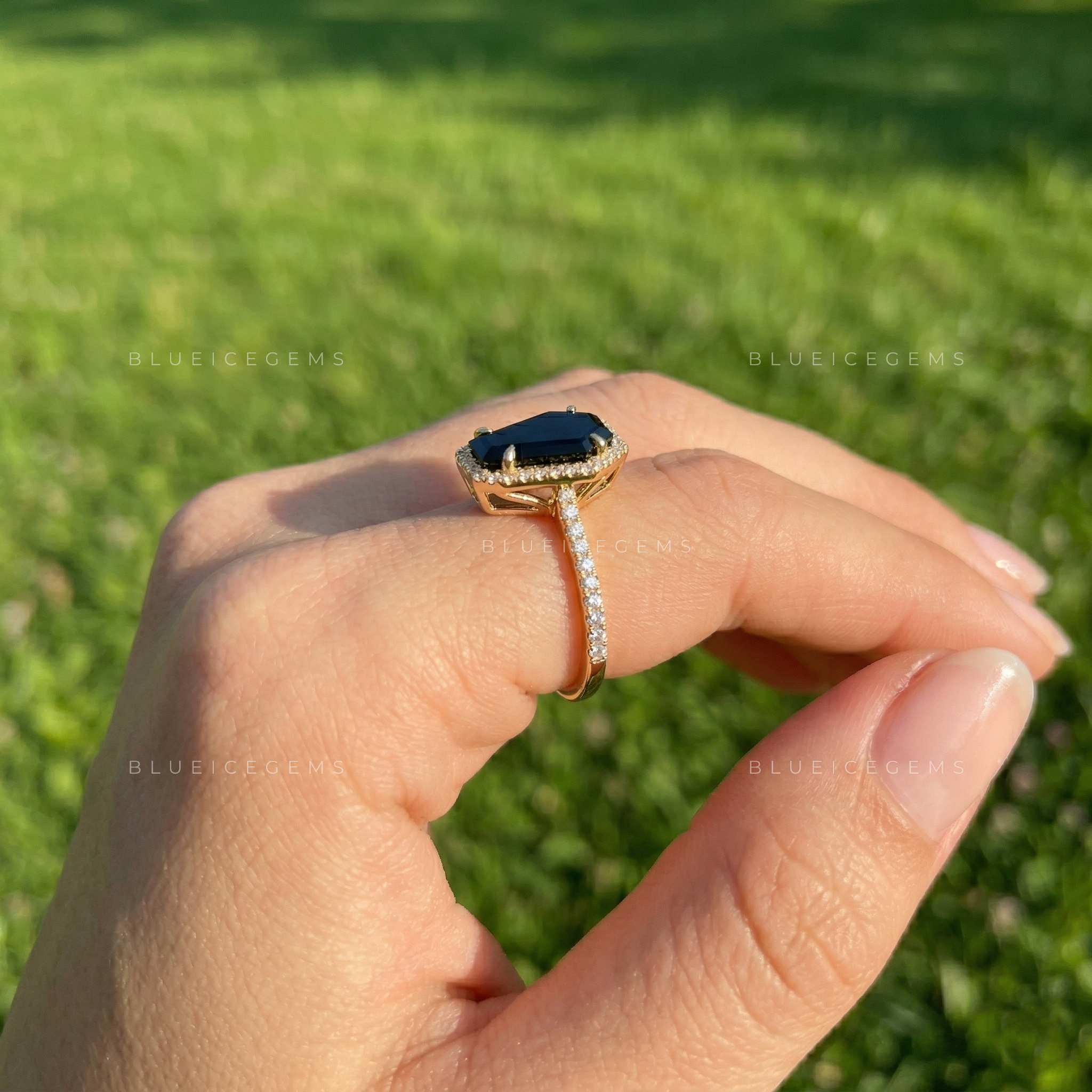 Midnight Noir Coffin Cut Black Diamond Halo Engagement Ring