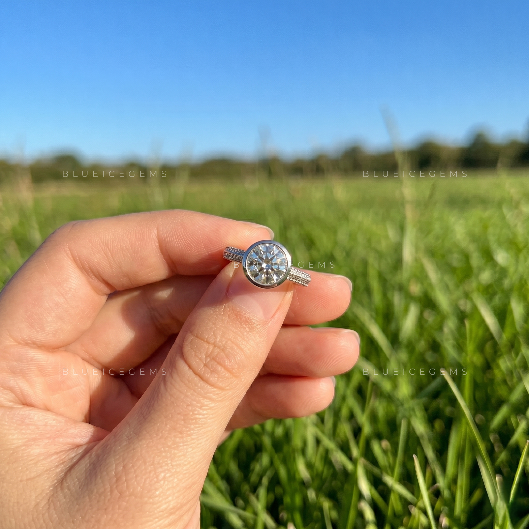 Luminous Horizon Bezel Set Round Brilliant Double Pave Engagement Ring