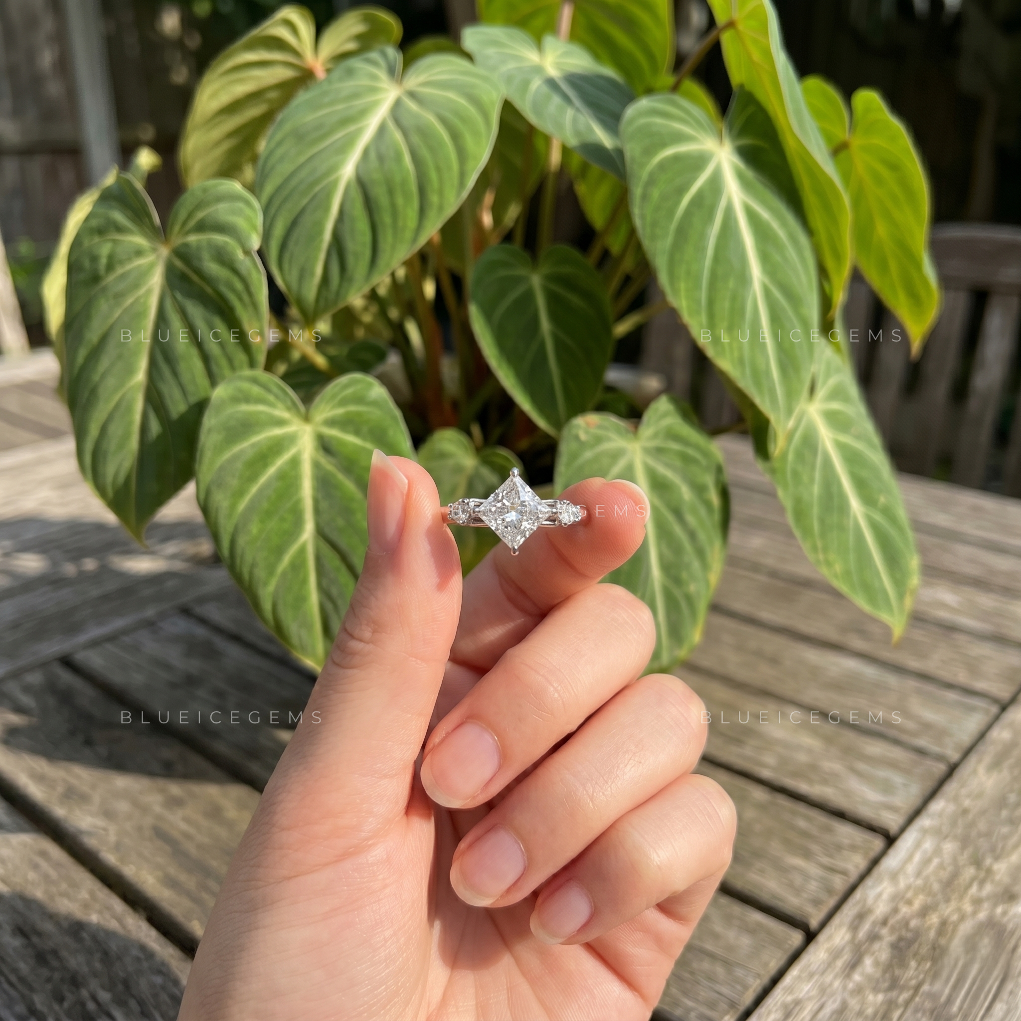Regal Geometry Princess Cut Three Stone Compass Prong Engagement Ring