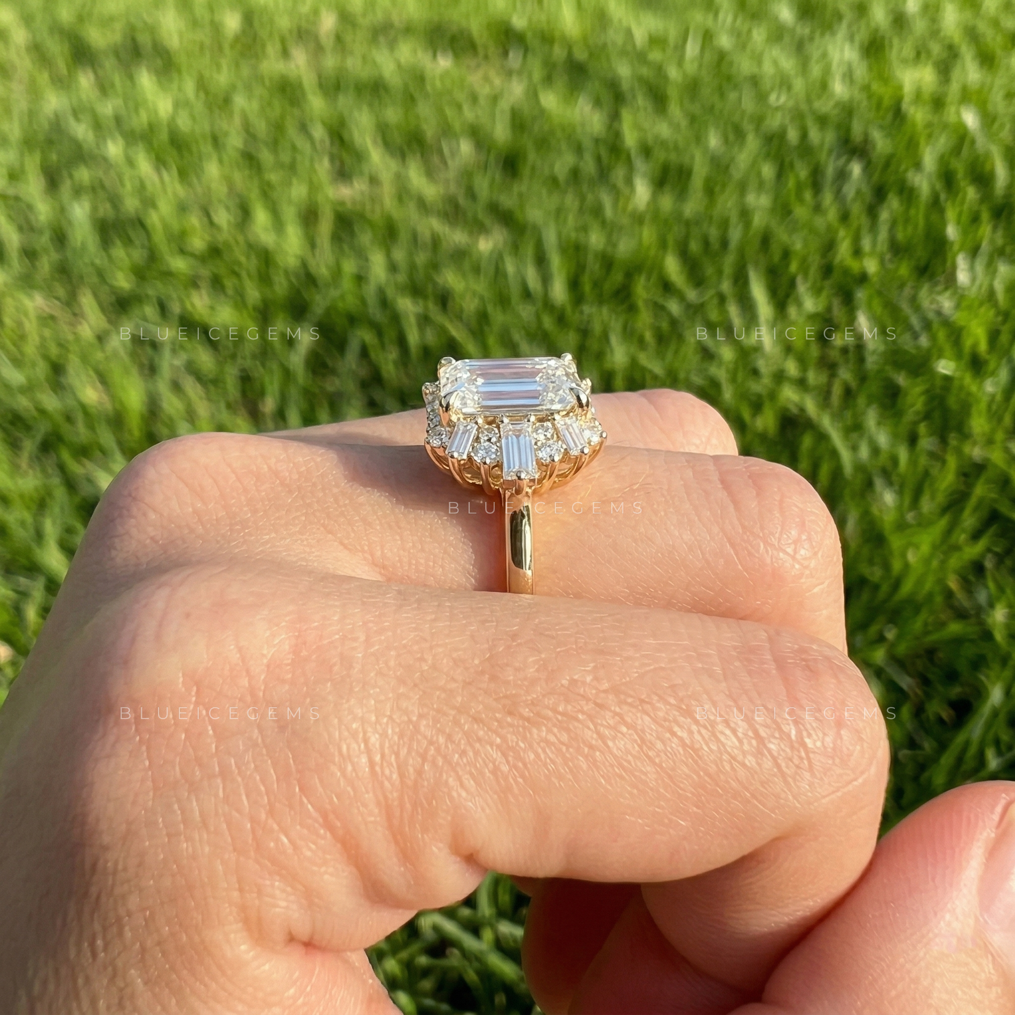 Sophisticated Emerald Cut Three Stone Side Tapered Baguette Engagement Ring