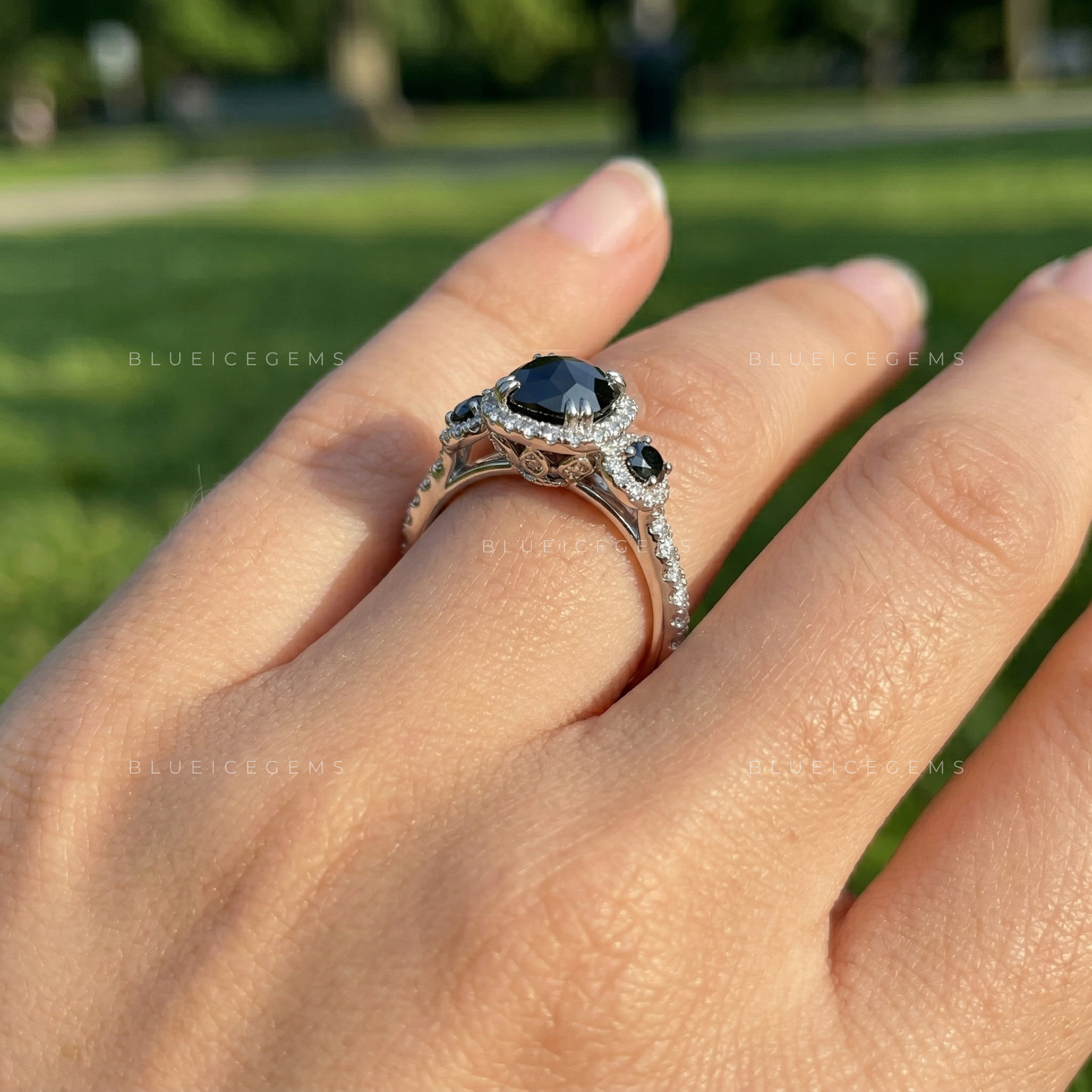 Midnight Noir Flower Cushion Cut Black Diamond Vintage Halo Ring