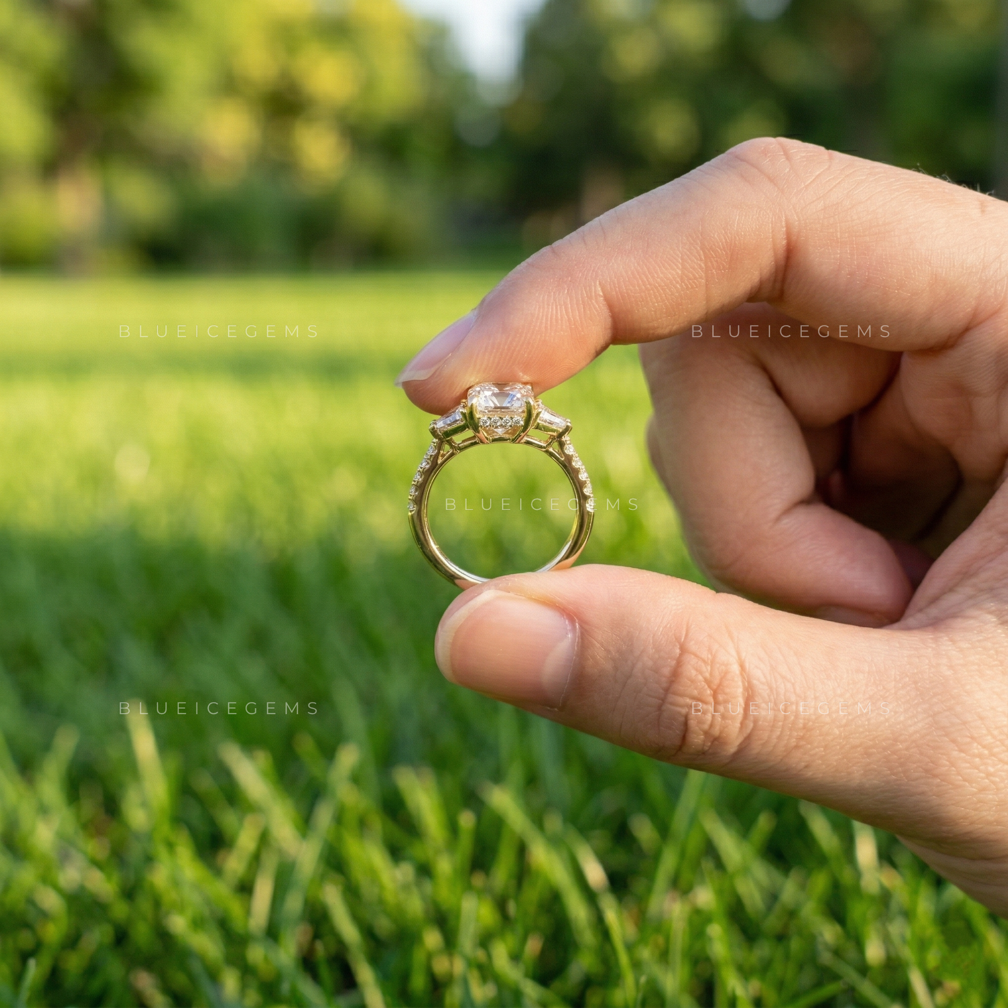 Radiant Cushion Cut Three Stone Multi-Shape Side Engagement Ring