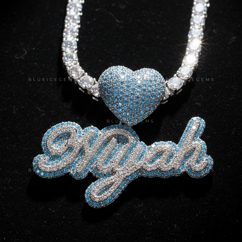 The "NIYAH" Azure Heart: Cursive Script & 3D Blue Sapphire Heart Sovereign