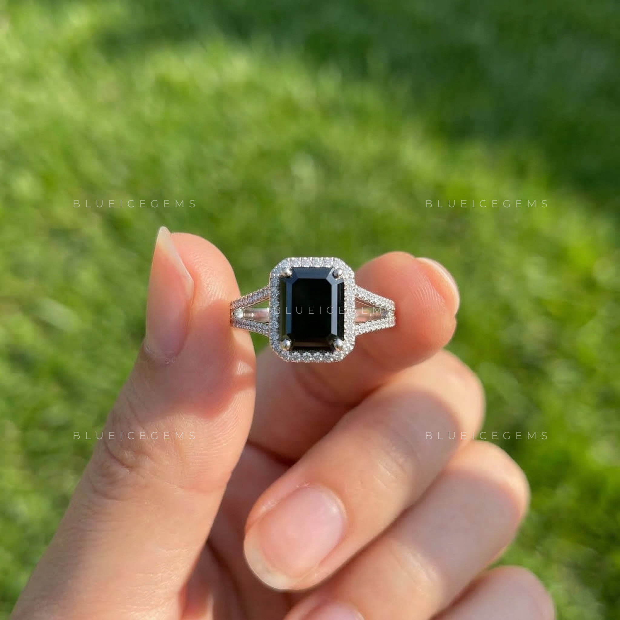 Noir Opulence Emerald Cut Black Moissanite Split Shank Ring