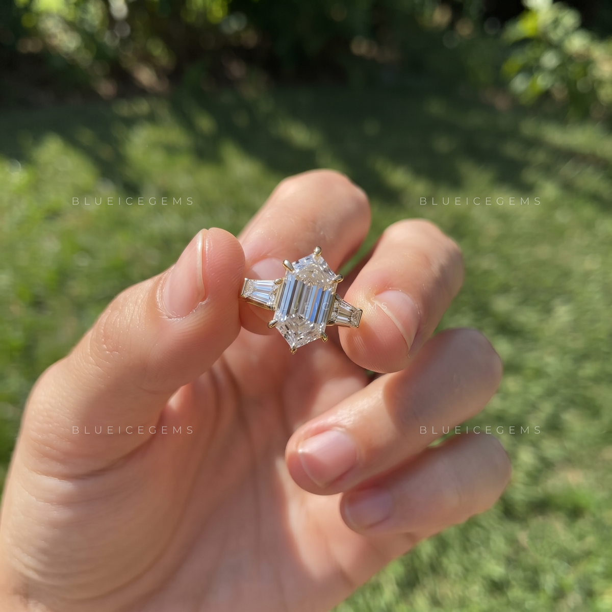 Evermore Elongated Hexagon Three-Stone Engagement Ring