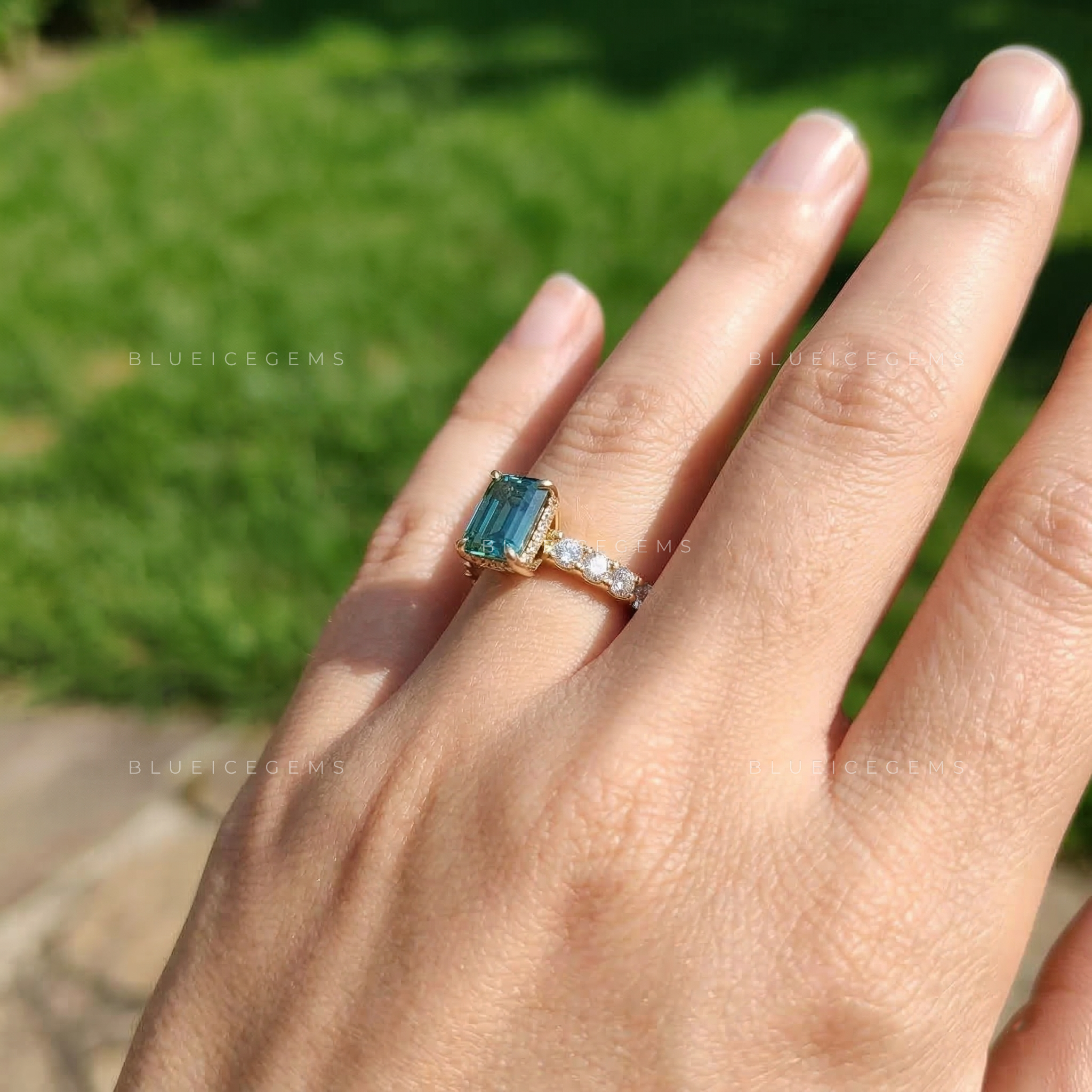 Azure Horizon Emerald Cut Cyan Blue Trilogy Ring