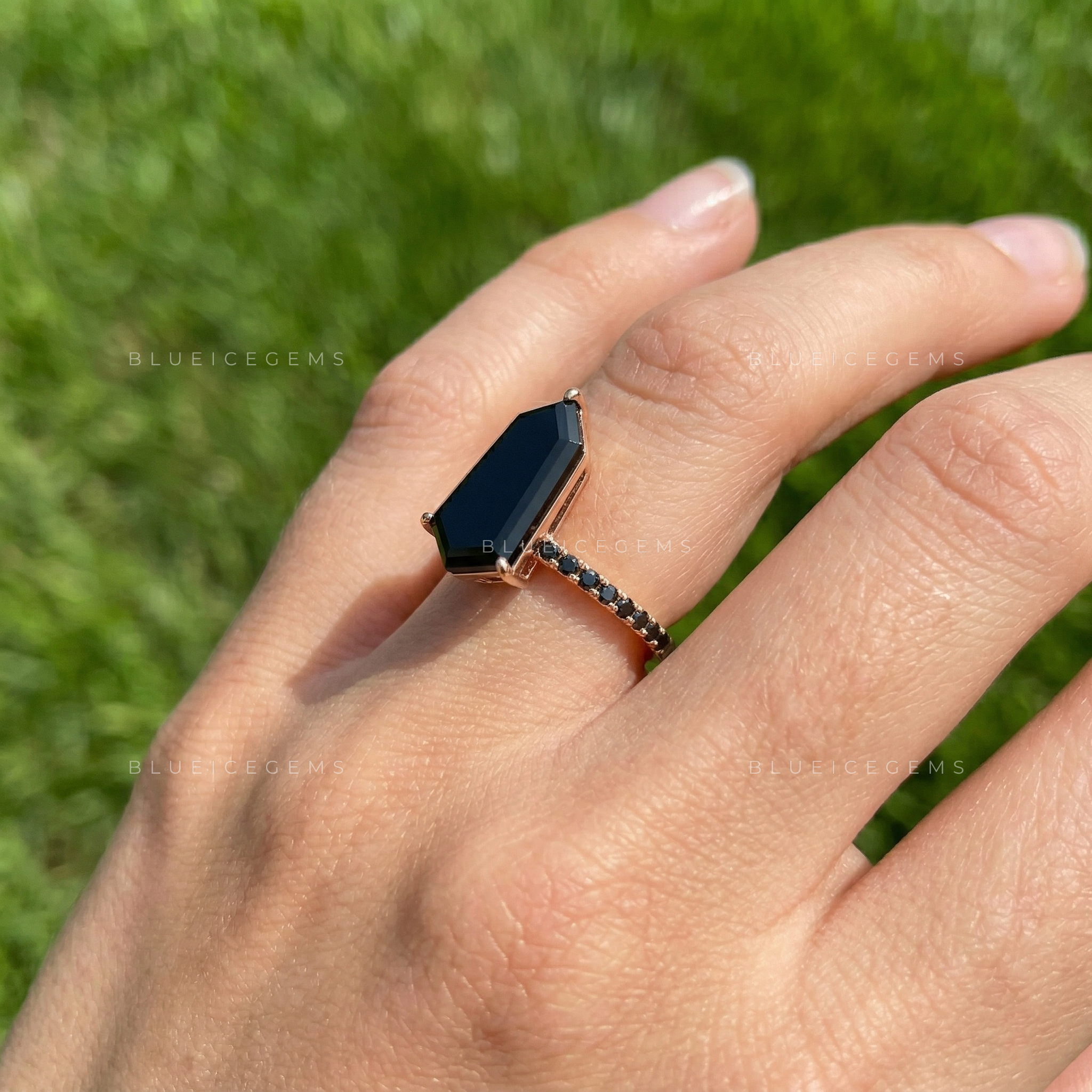 Modern Noir Shield Cut Black Diamond Halo Engagement Ring