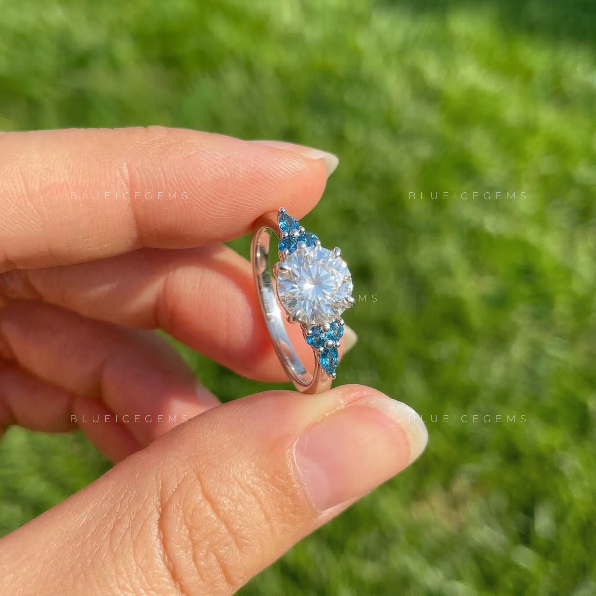 Celestial Bloom Round Cut Sapphire Accent Ring