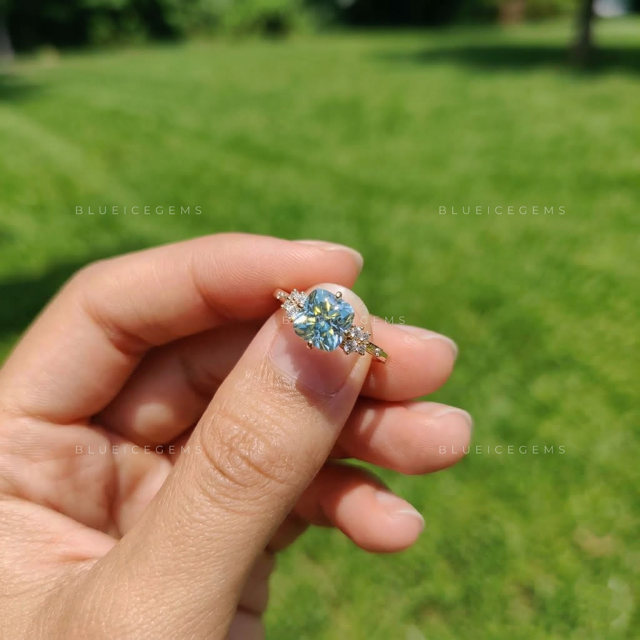 Cerulean Radiance Cushion Rensu Cut Pavé Ring