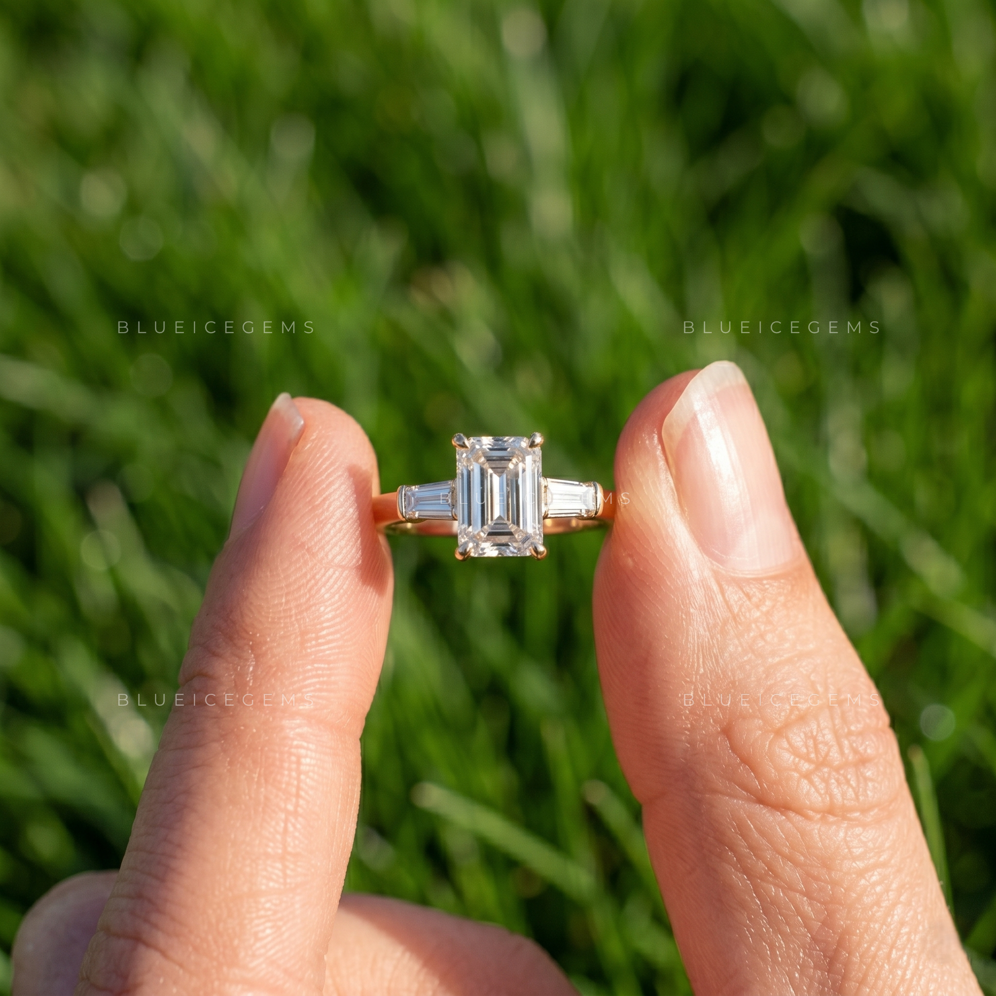 Refined Prestige Emerald Cut Baguette Accent Engagement Ring