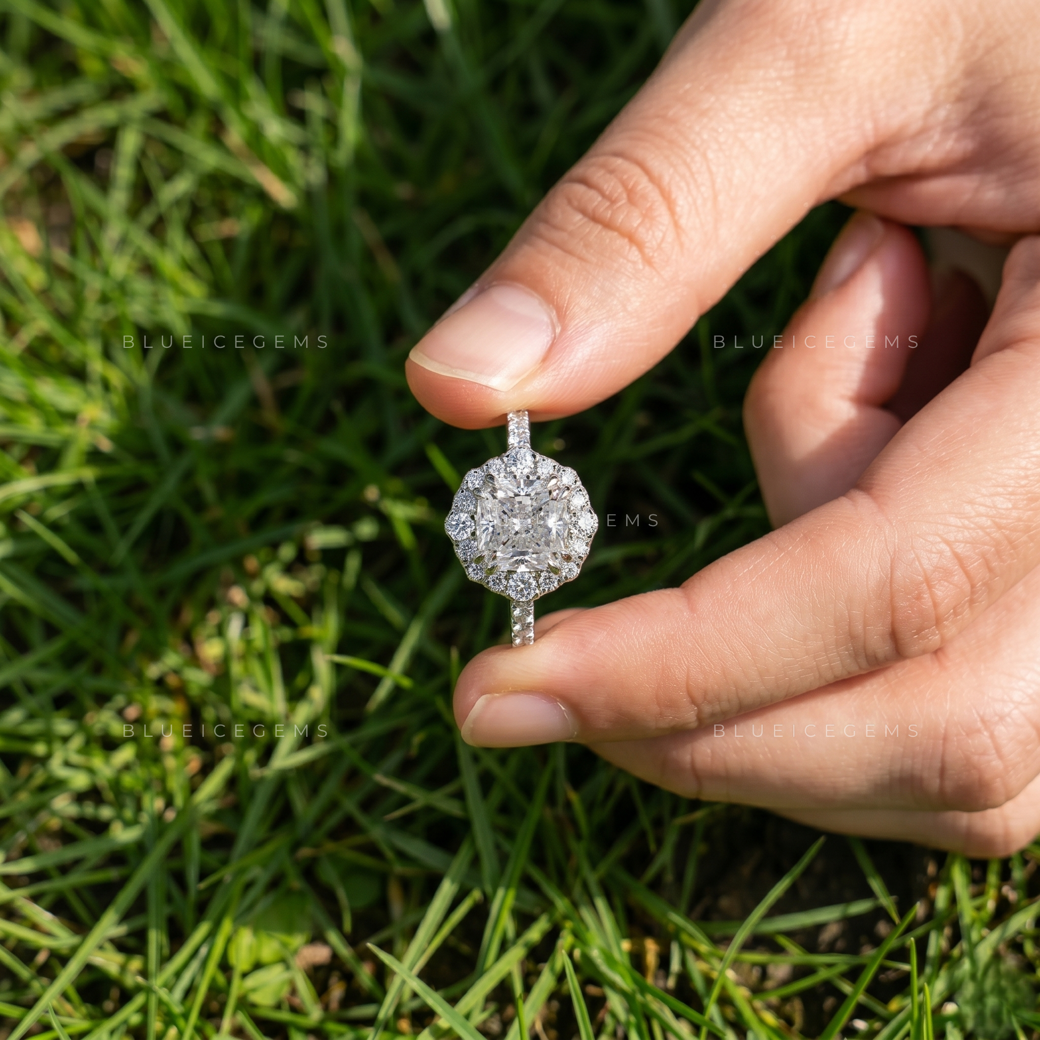 Radiant Allure Cushion Cut Pave Accent Engagement Ring