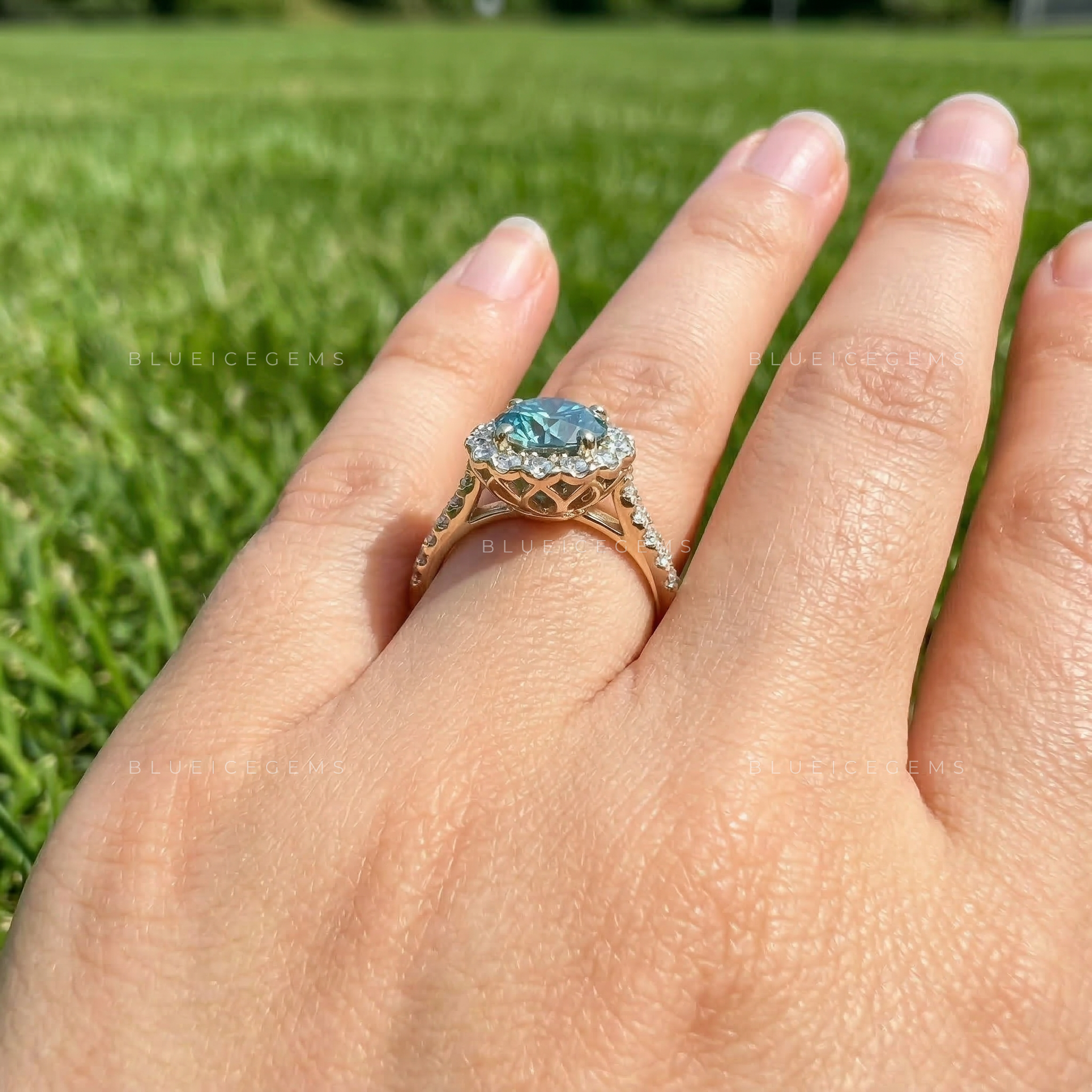 Oceanic Brilliance Round Cut Cathedral Halo Ring