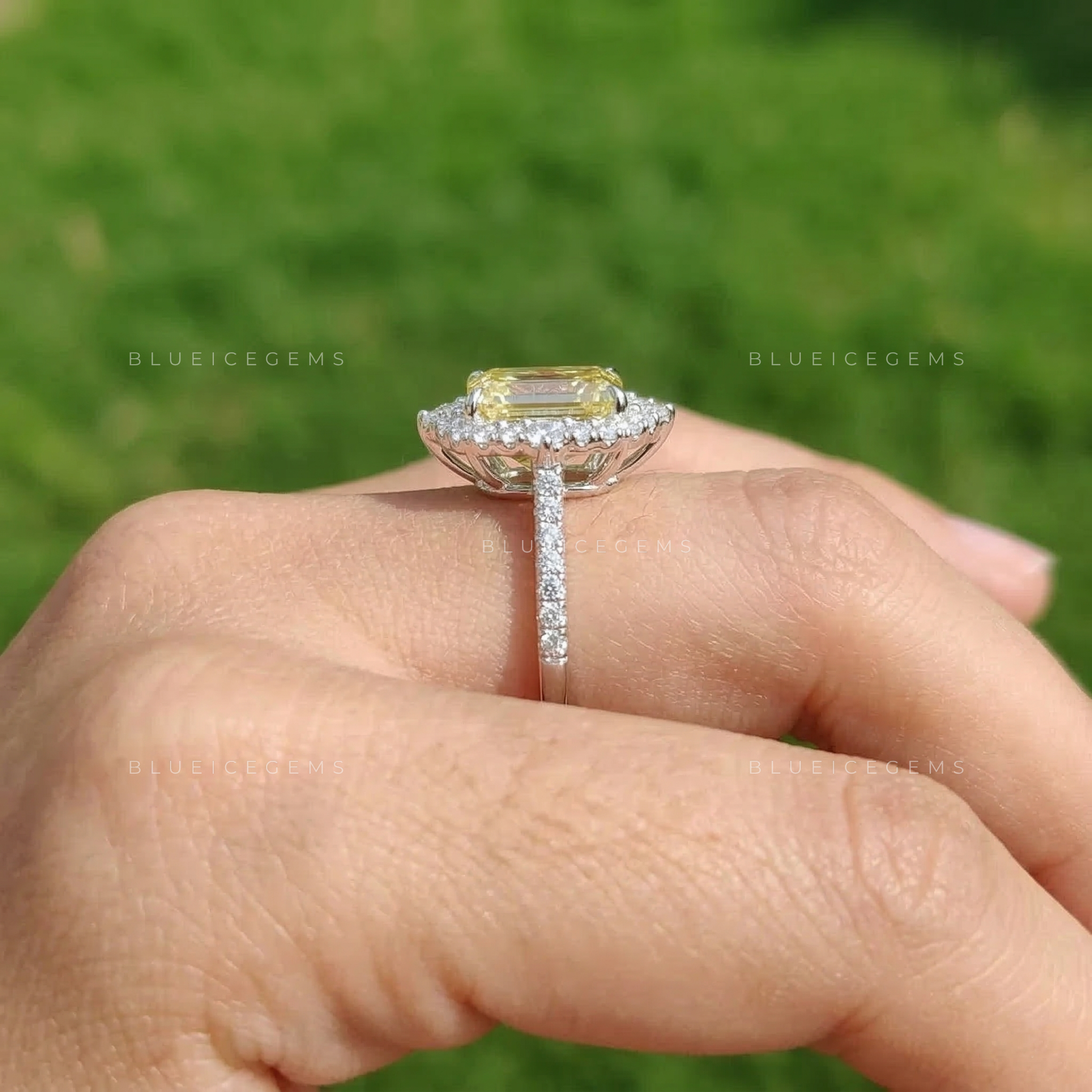 Gilded Majesty Canary Radiant Emerald Cut Halo Ring