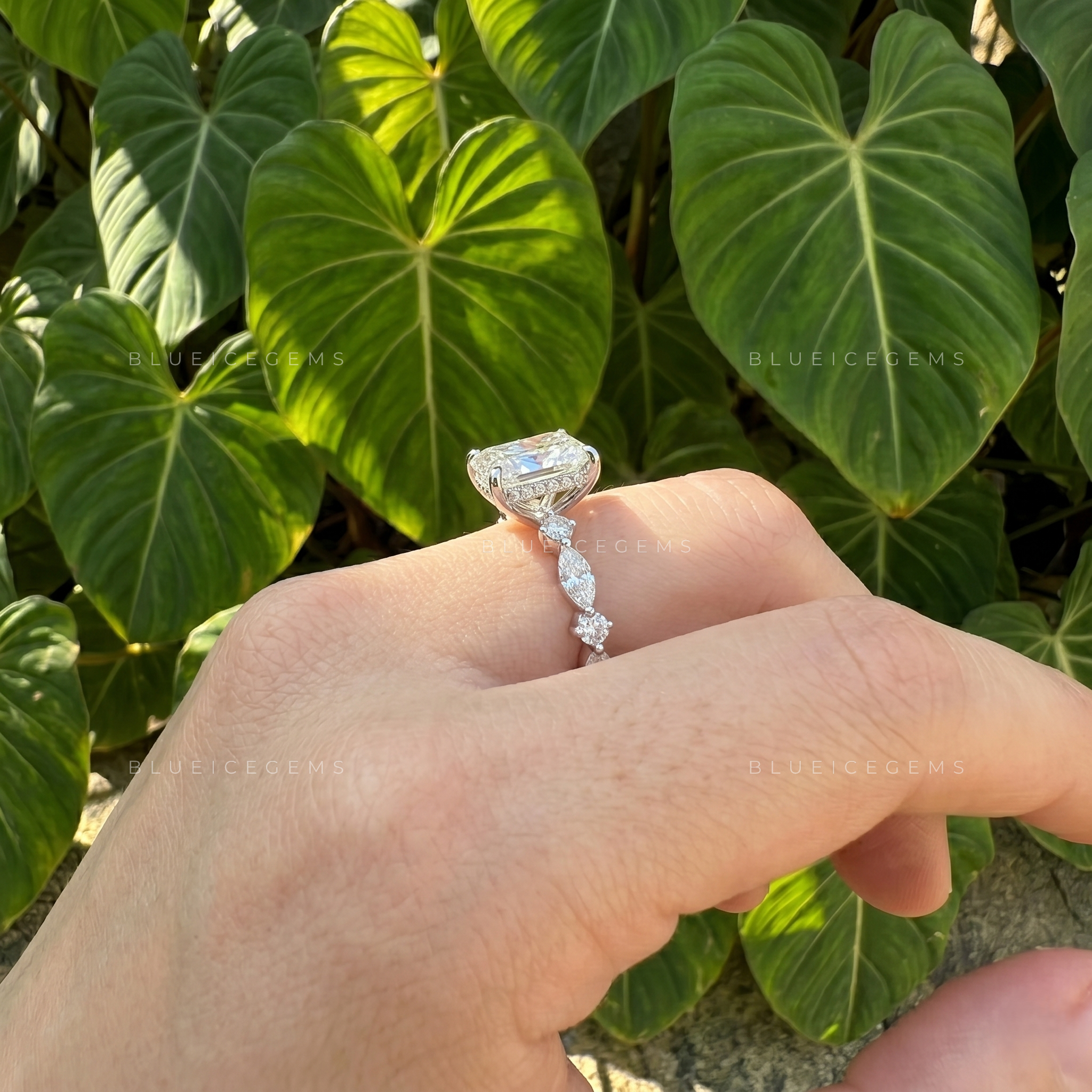 Exquisite Brilliance Radiant Cut Pavé Engagement Ring with Marquise Accents