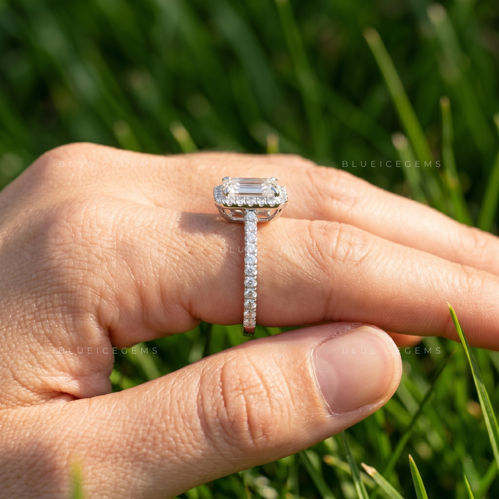 Sophisticated Emerald Cut Halo and Pave Statement Engagement Ring