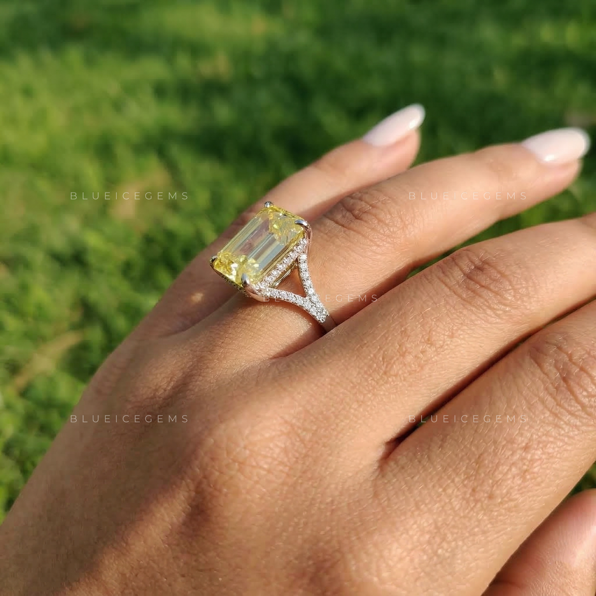 Golden Canary Emerald Cut Split Shank Ring