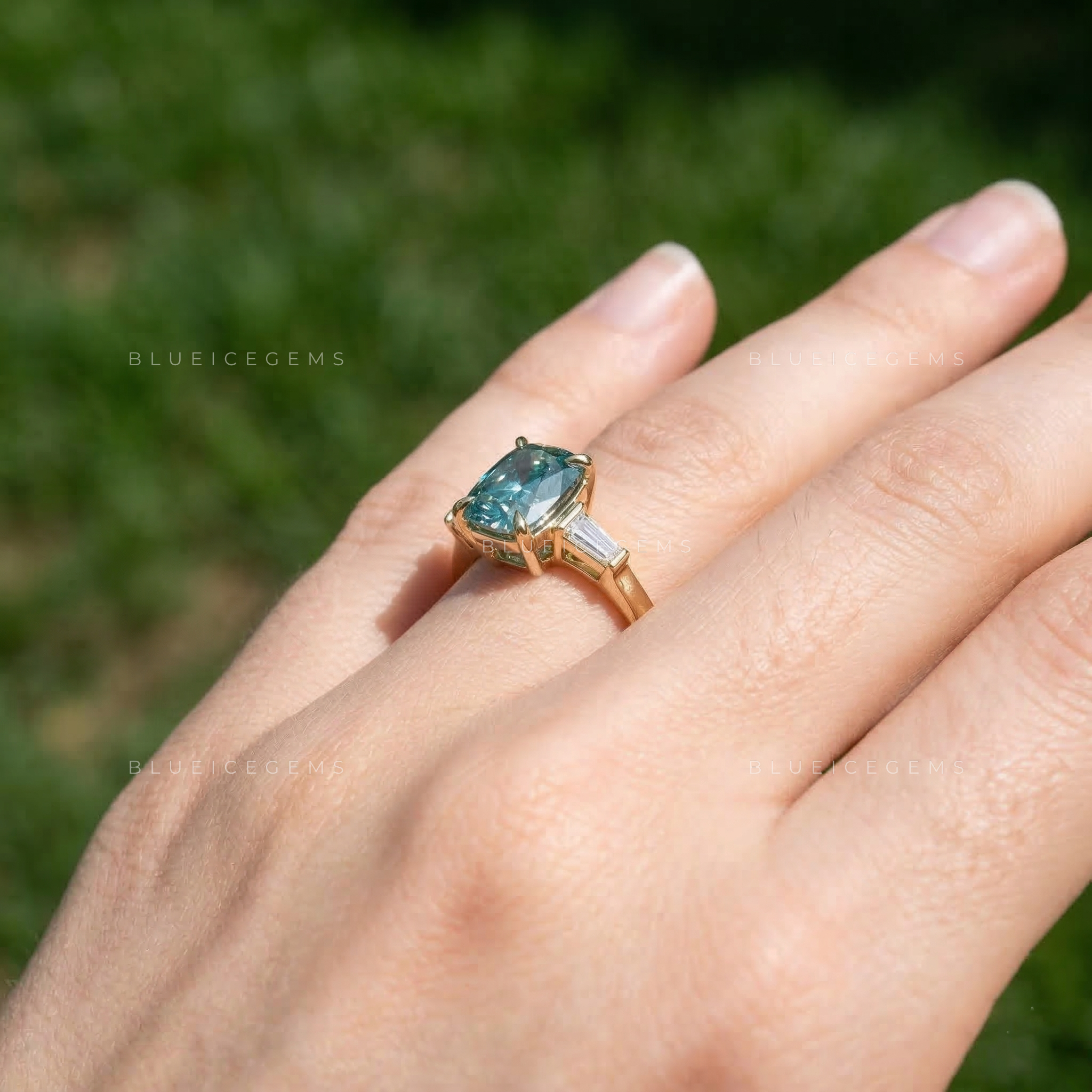 Cerulean Sky Elongated Cushion Tapered Baguette Ring