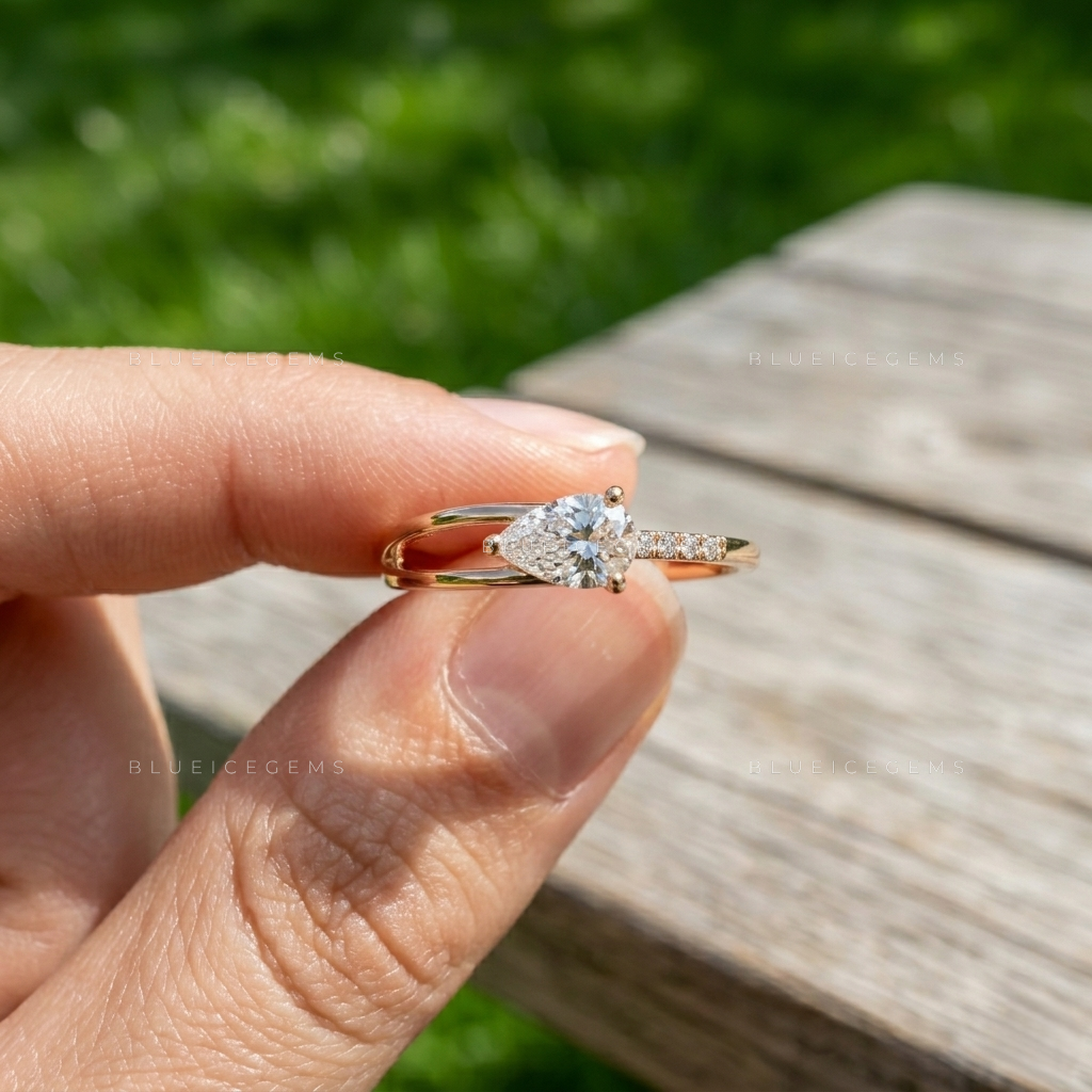 Graceful Horizon Pear Cut Asymmetric Split Band Engagement Ring