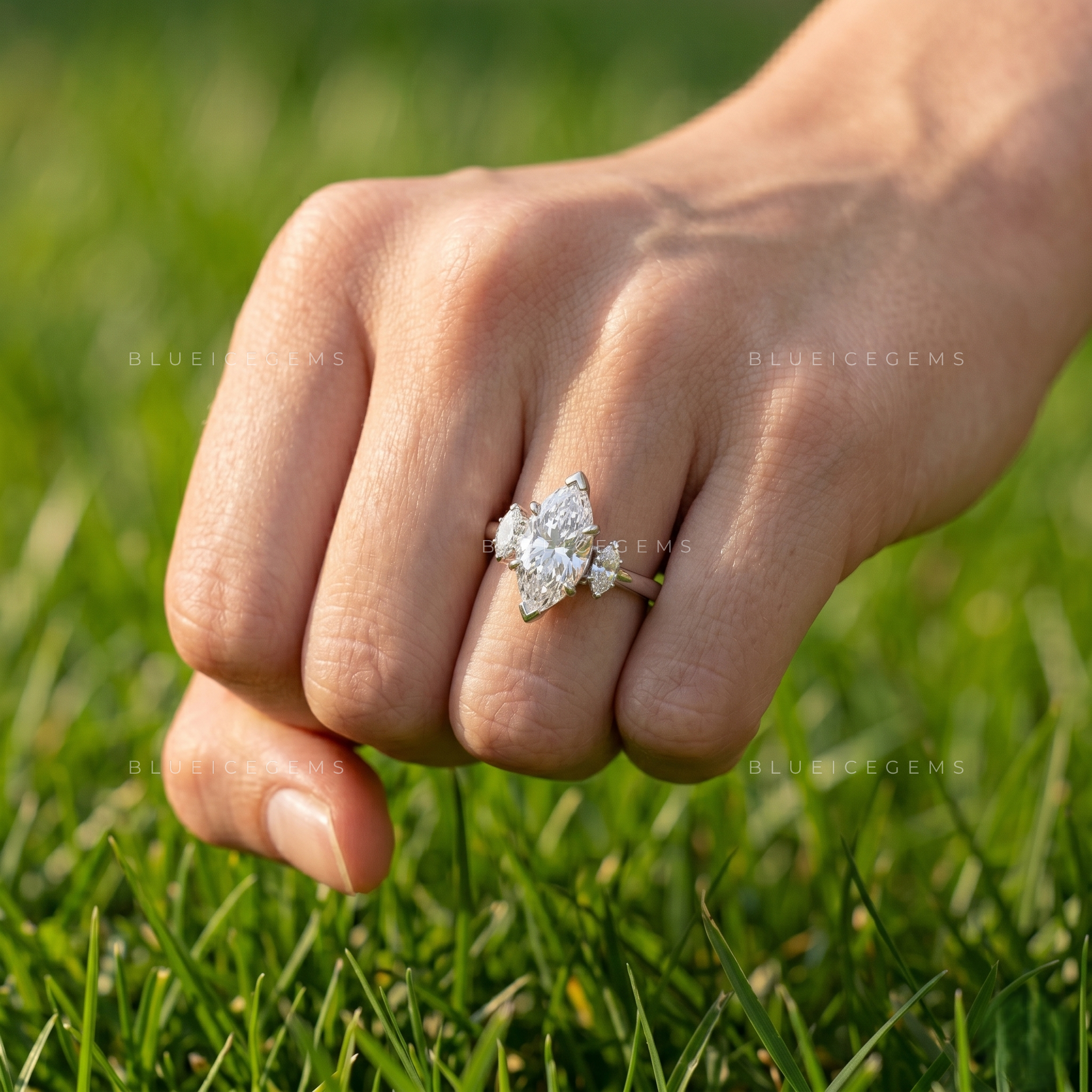 Opulent Triple Marquise Brilliant Cut Victorian Inspired Engagement Ring