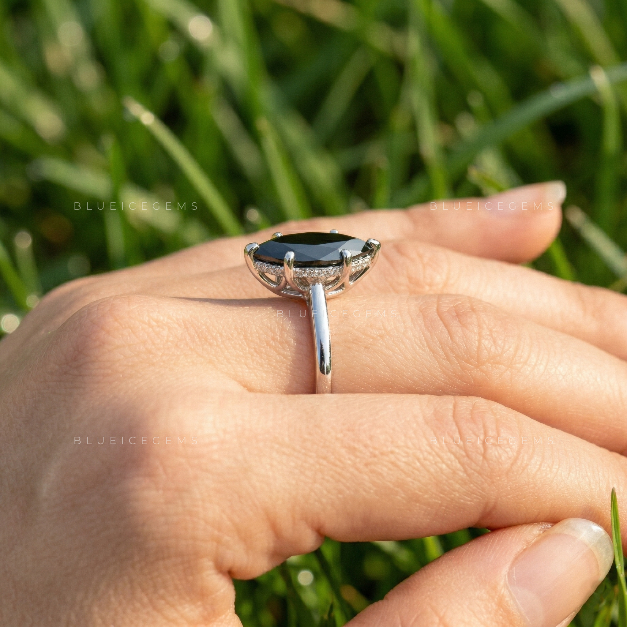 Midnight Noir Marquise Cut Black Diamond Hidden Halo Ring