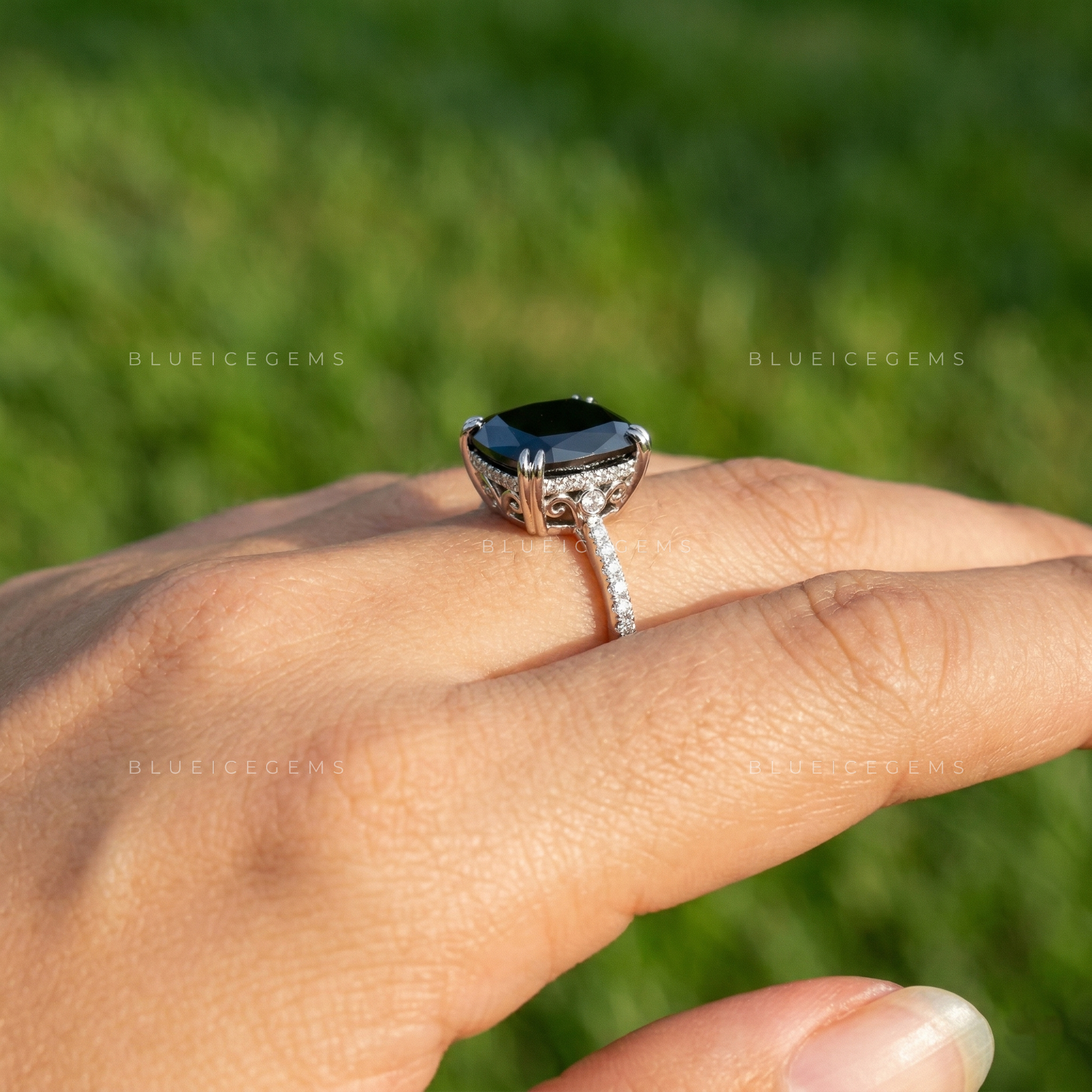 Modern Noir Cushion Cut Black Moissanite Hidden Halo Ring