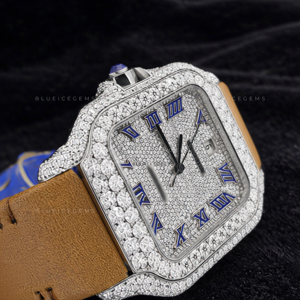 Royal Azure: Moissanite Fully Iced-Out Custom Roman Watch