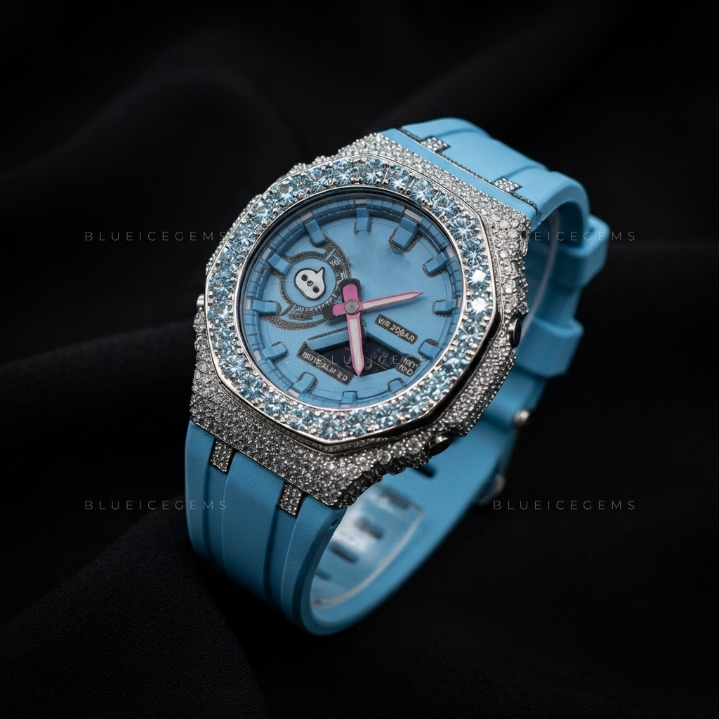 Blue Glacier Prestige Watch – Aqua Blue CZ & White Moissanite
