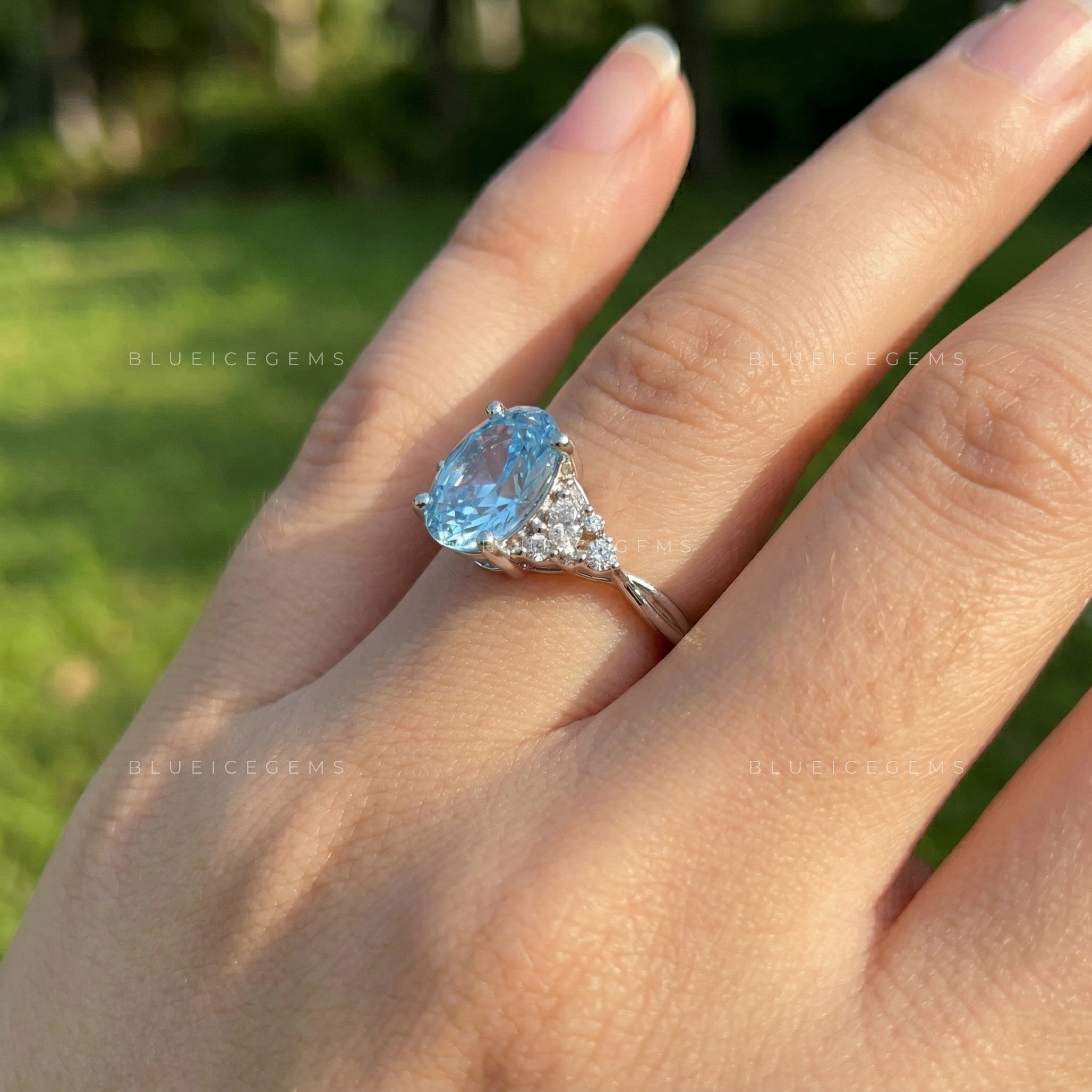Sapphire Sky Oval Blue Diamond Floral Engagement Ring