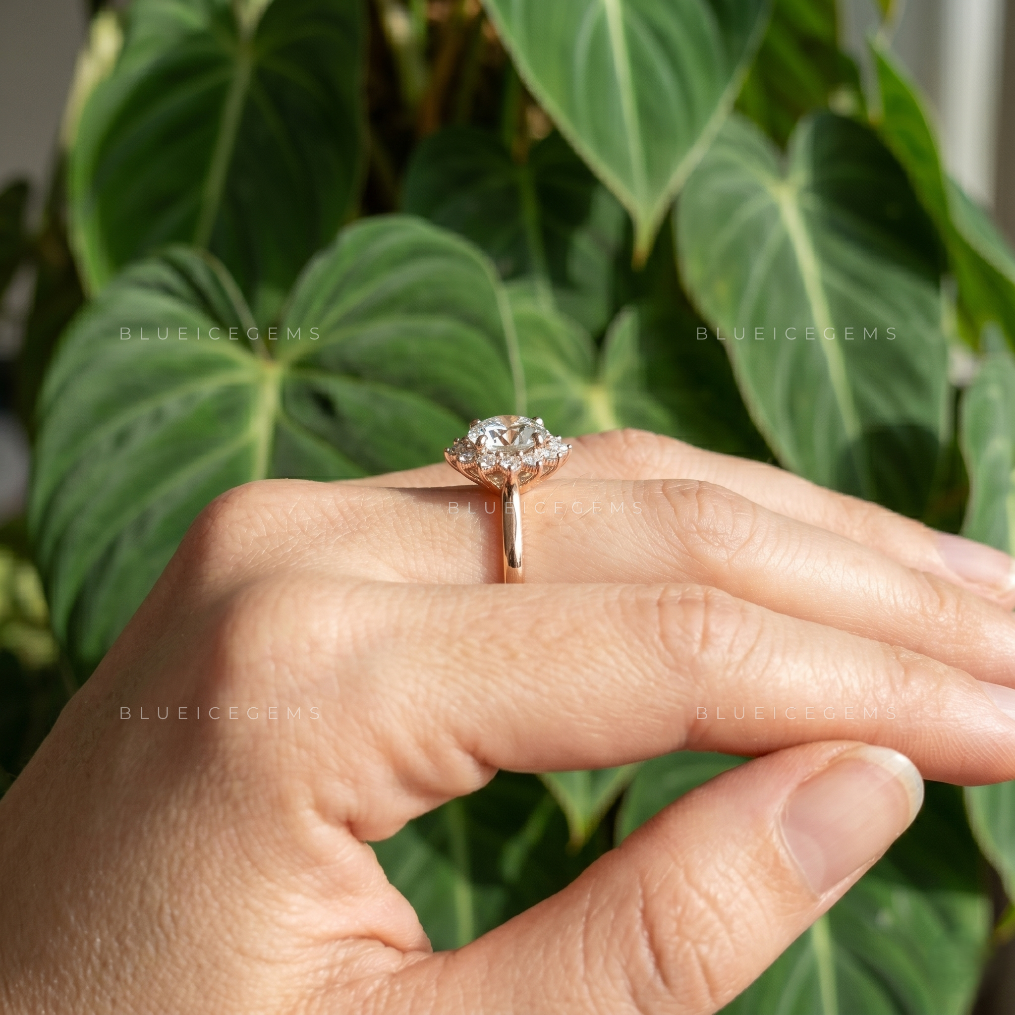 Whimsical Bloom Art Deco Floral Halo Engagement Ring