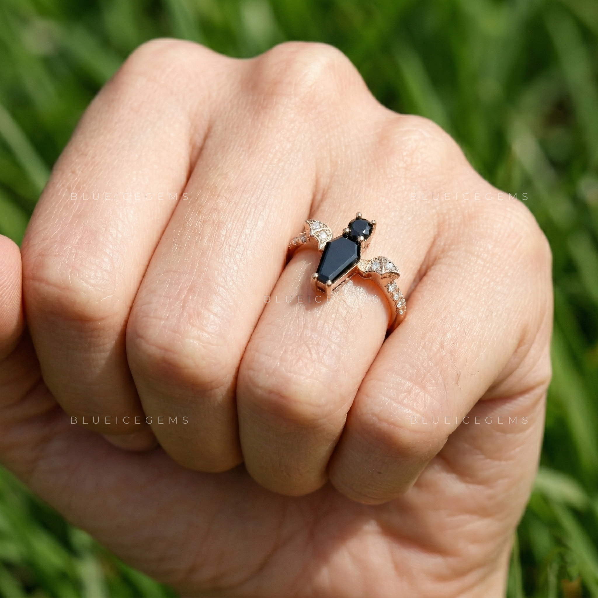Midnight Noir Coffin & Round Cut Black Diamond Toi et Moi Ring