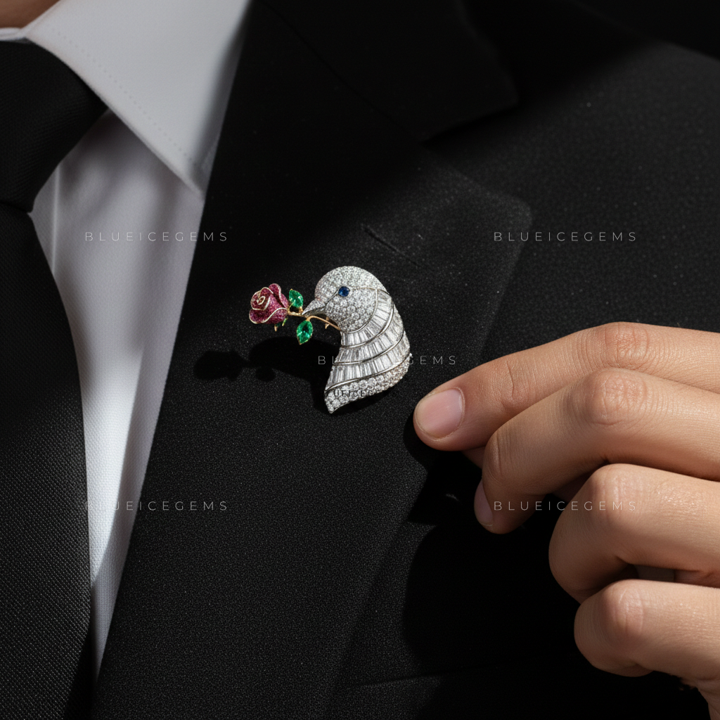 The Eternal Romance: Bespoke Rose & Dove Statement Brooch